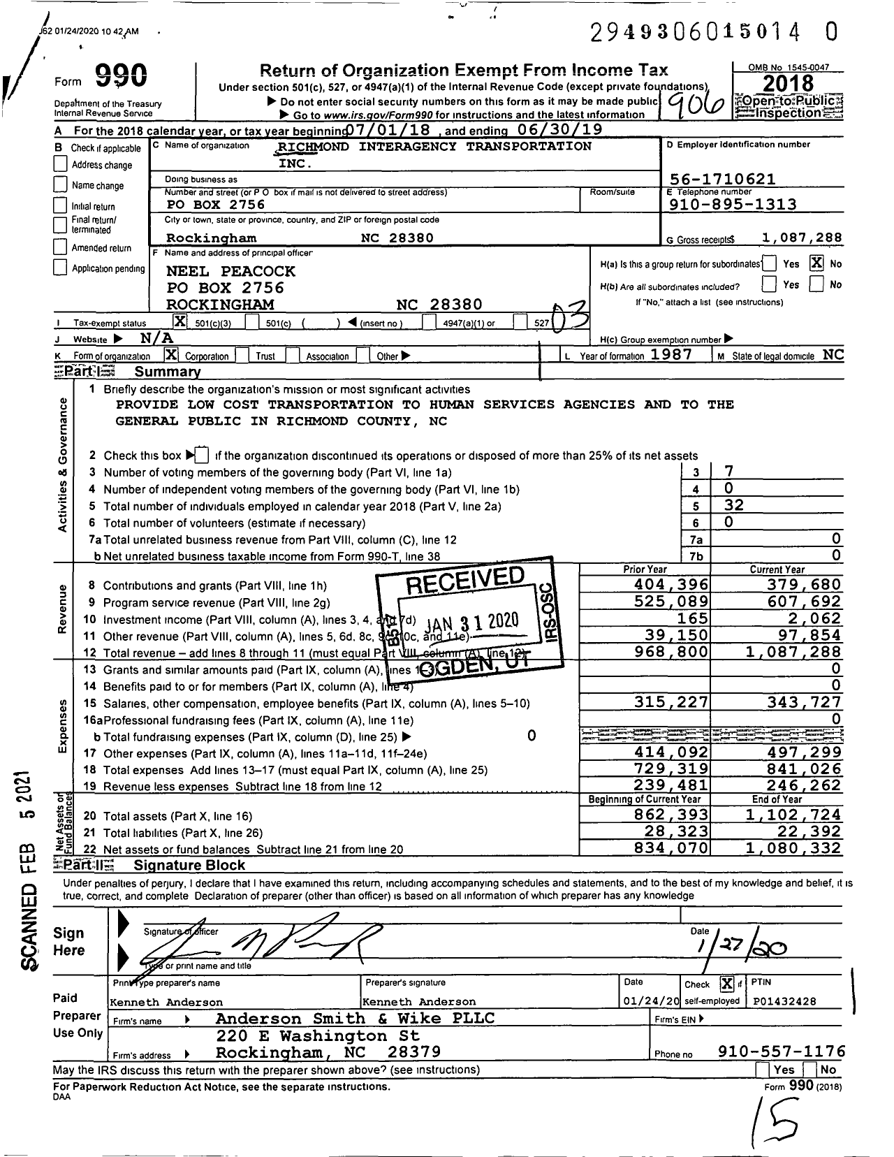 Image of first page of 2018 Form 990 for Richmond Interagency Transportation