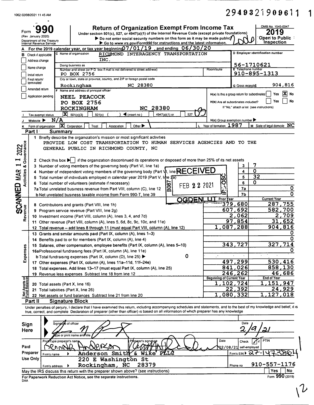 Image of first page of 2019 Form 990 for Richmond Interagency Transportation