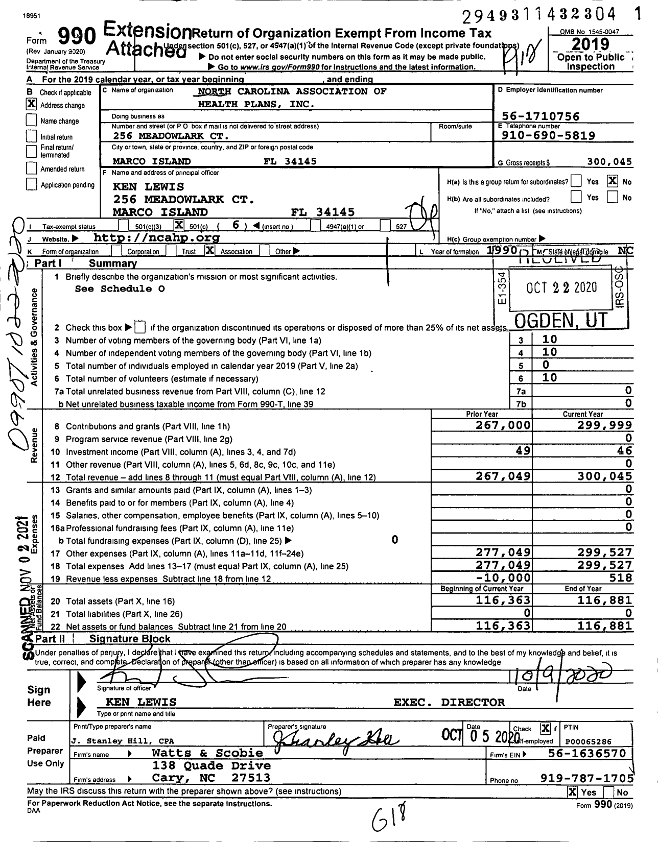 Image of first page of 2019 Form 990O for North Carolina Association of Health Plans