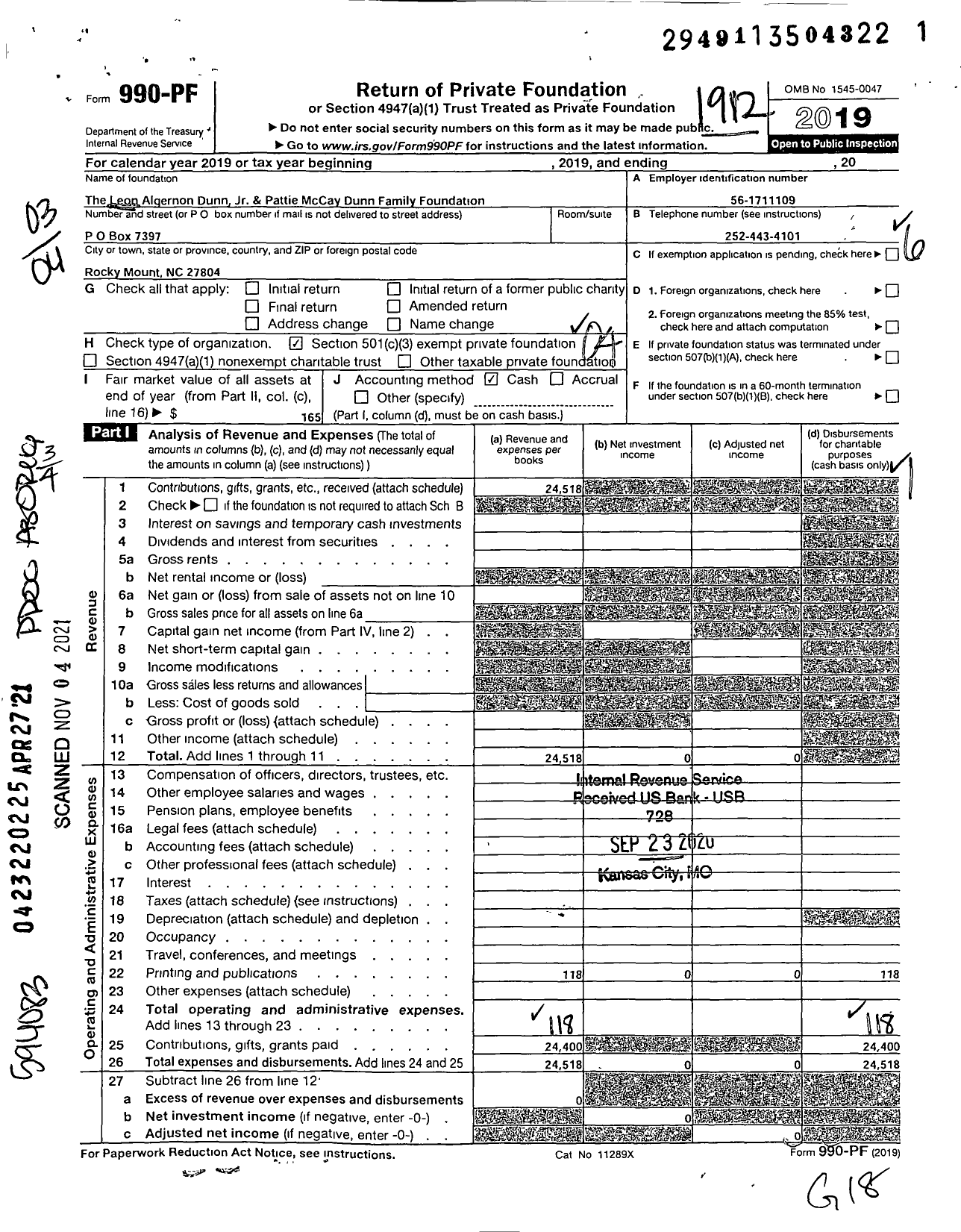 Image of first page of 2019 Form 990PF for The Leon Algernon Dunn JR and Pattie Mccay Dunn Family Foundation