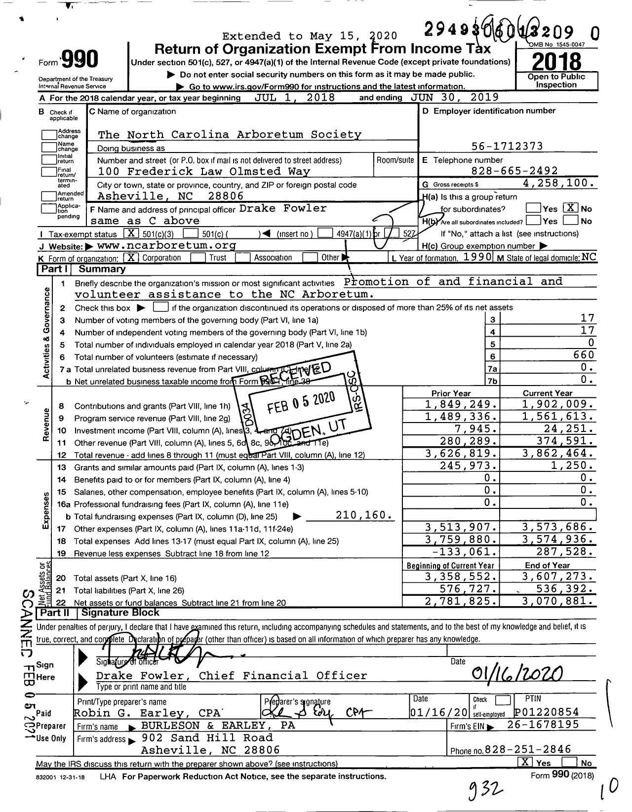 Image of first page of 2018 Form 990 for The North Carolina Arboretum Society