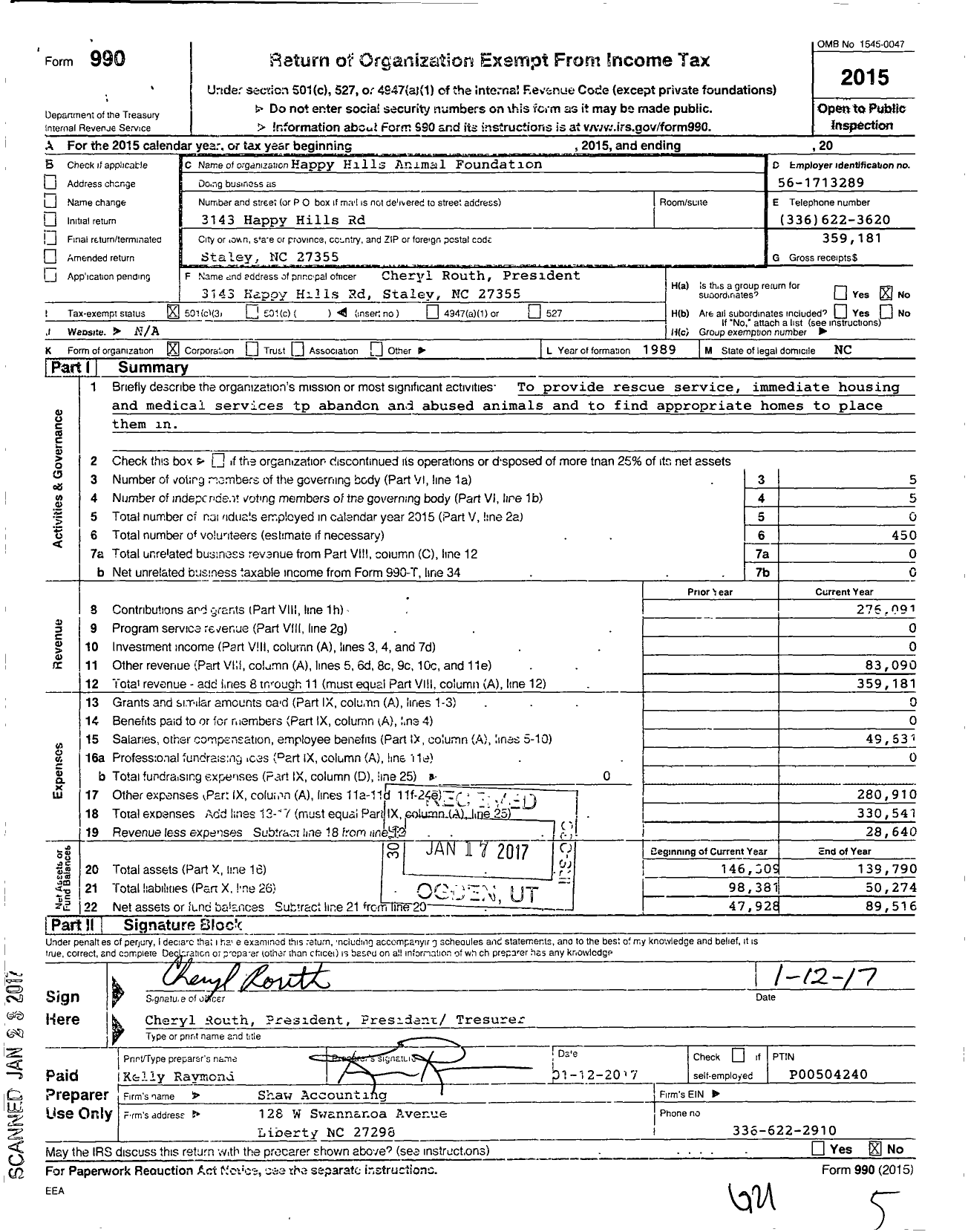 Image of first page of 2015 Form 990 for Happy Hills Animal Foundation