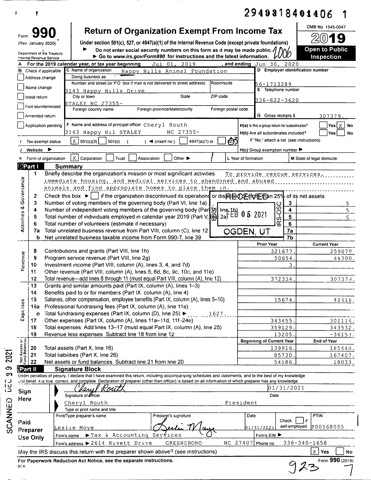 Image of first page of 2019 Form 990 for Happy Hills Animal Foundation