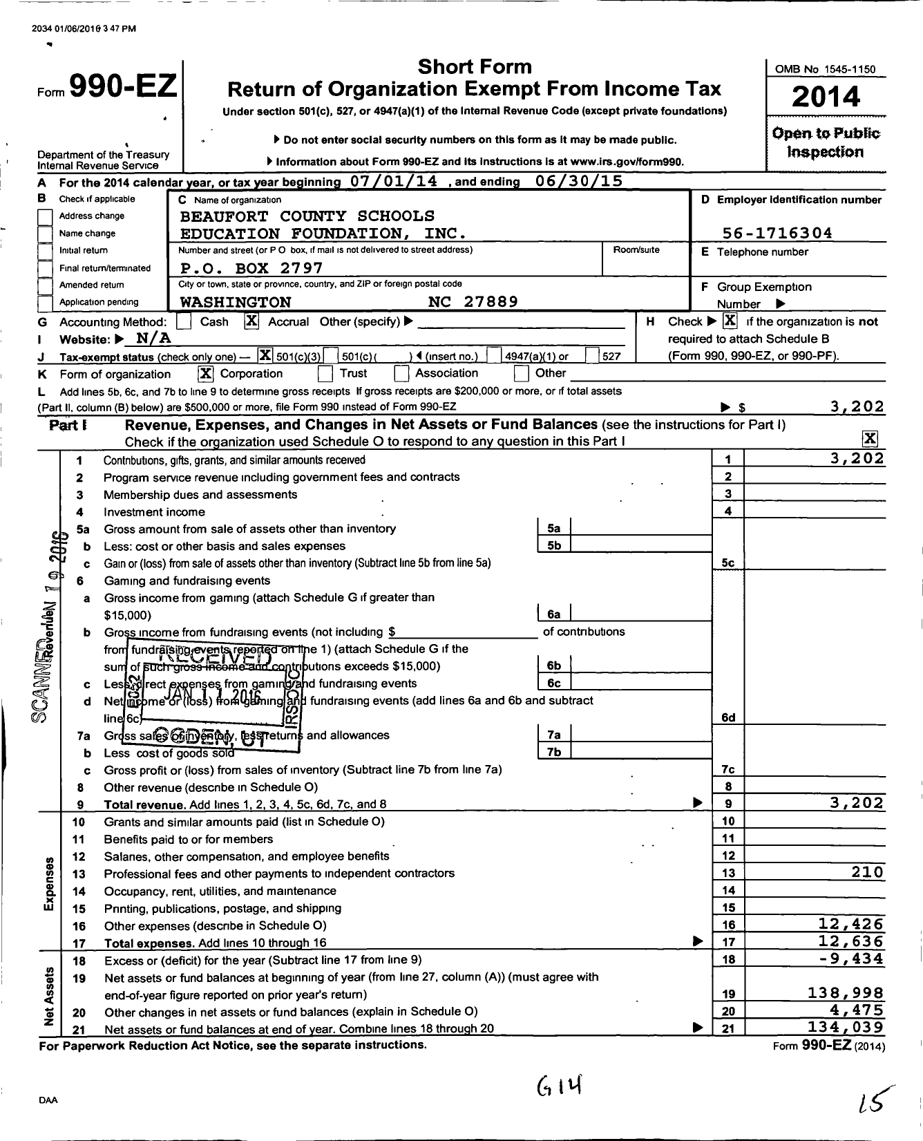 Image of first page of 2014 Form 990EZ for Beaufort County Schools Education Foundation