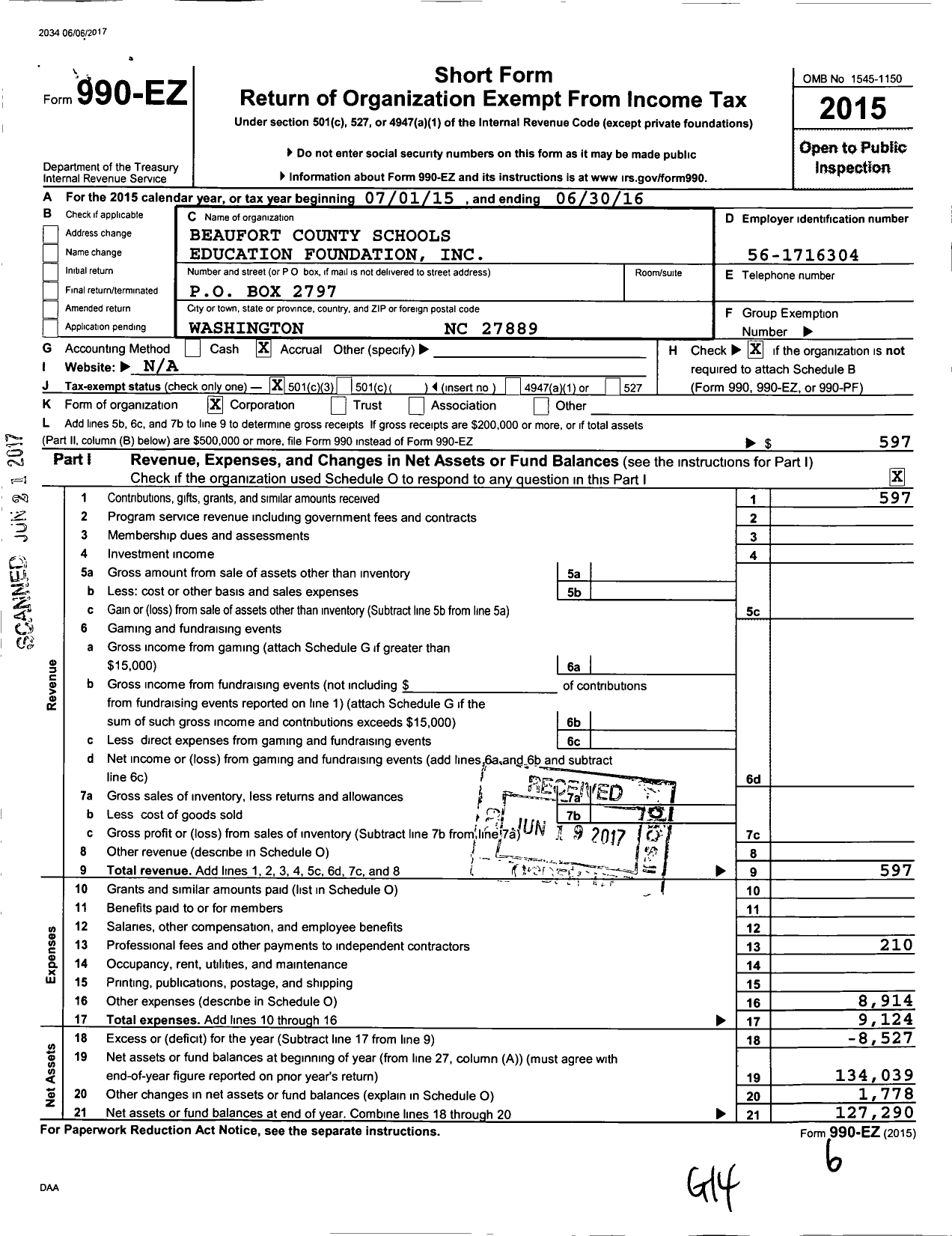 Image of first page of 2015 Form 990EZ for Beaufort County Schools Education Foundation