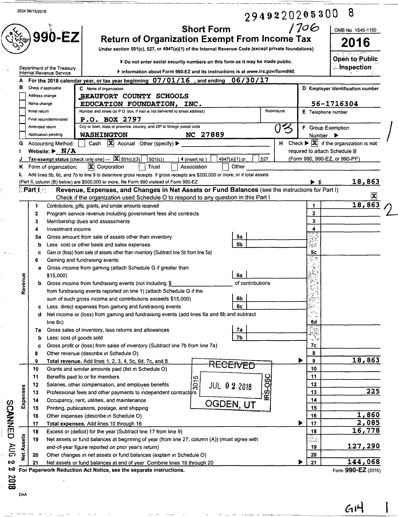 Image of first page of 2016 Form 990EZ for Beaufort County Schools Education Foundation