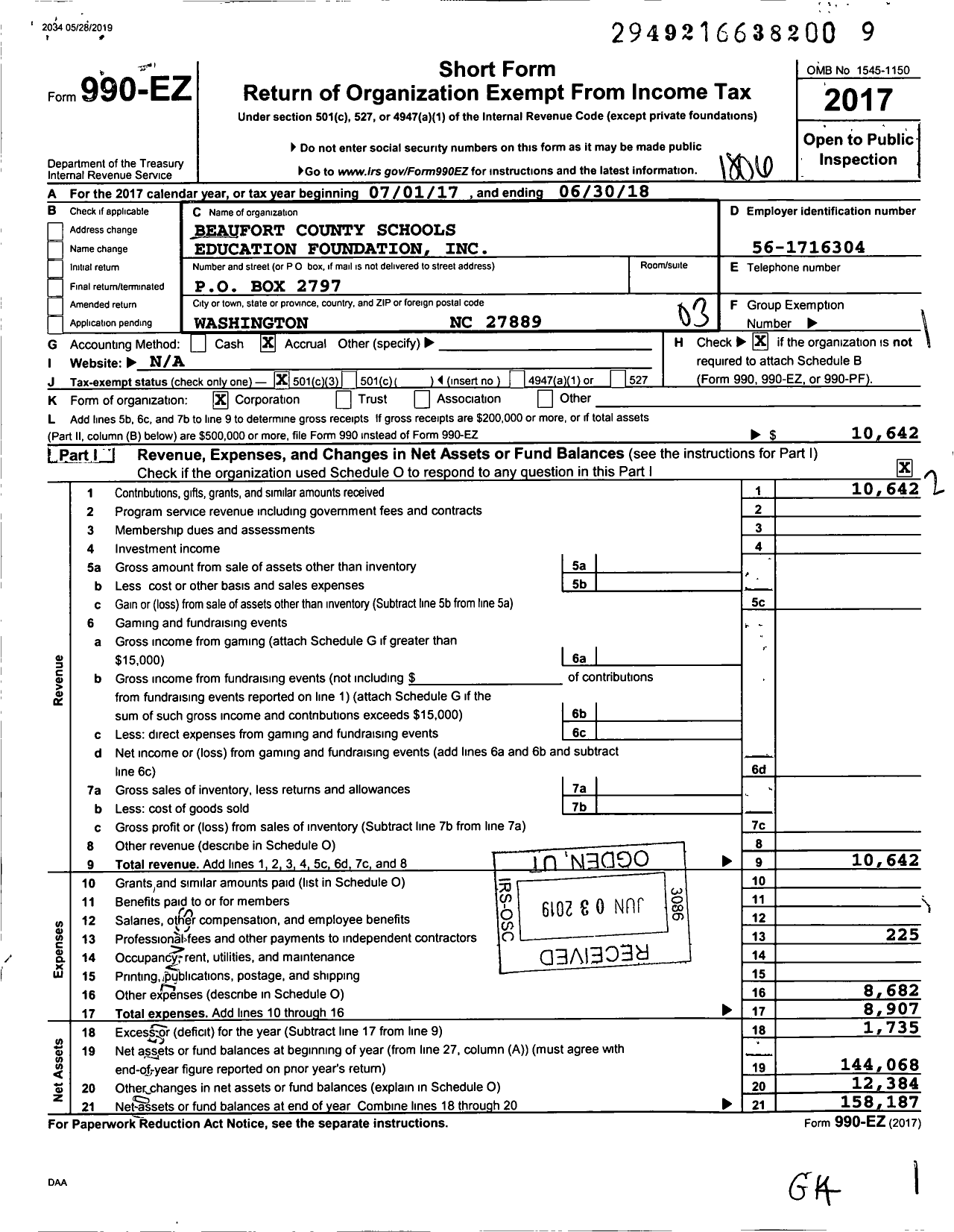 Image of first page of 2017 Form 990EZ for Beaufort County Schools Education Foundation