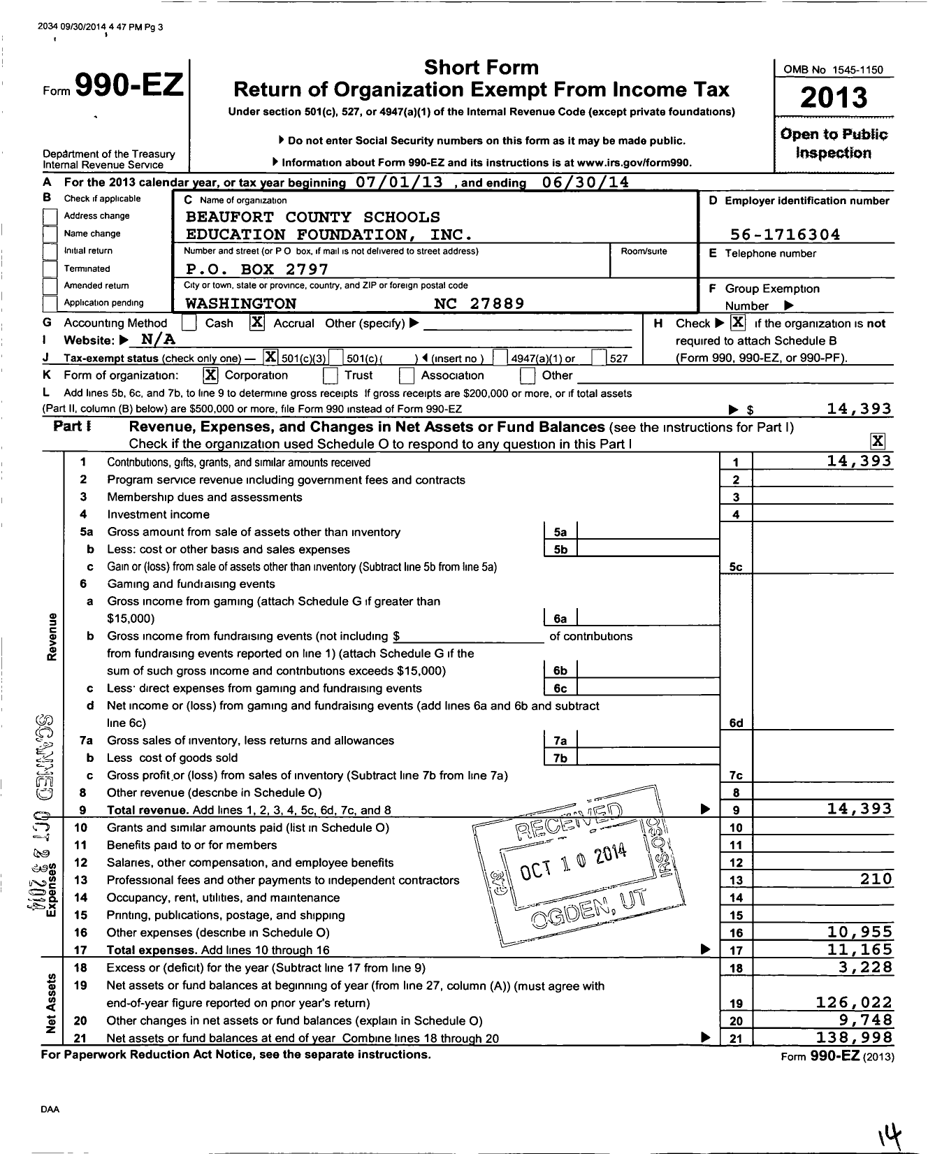 Image of first page of 2013 Form 990EZ for Beaufort County Schools Education Foundation