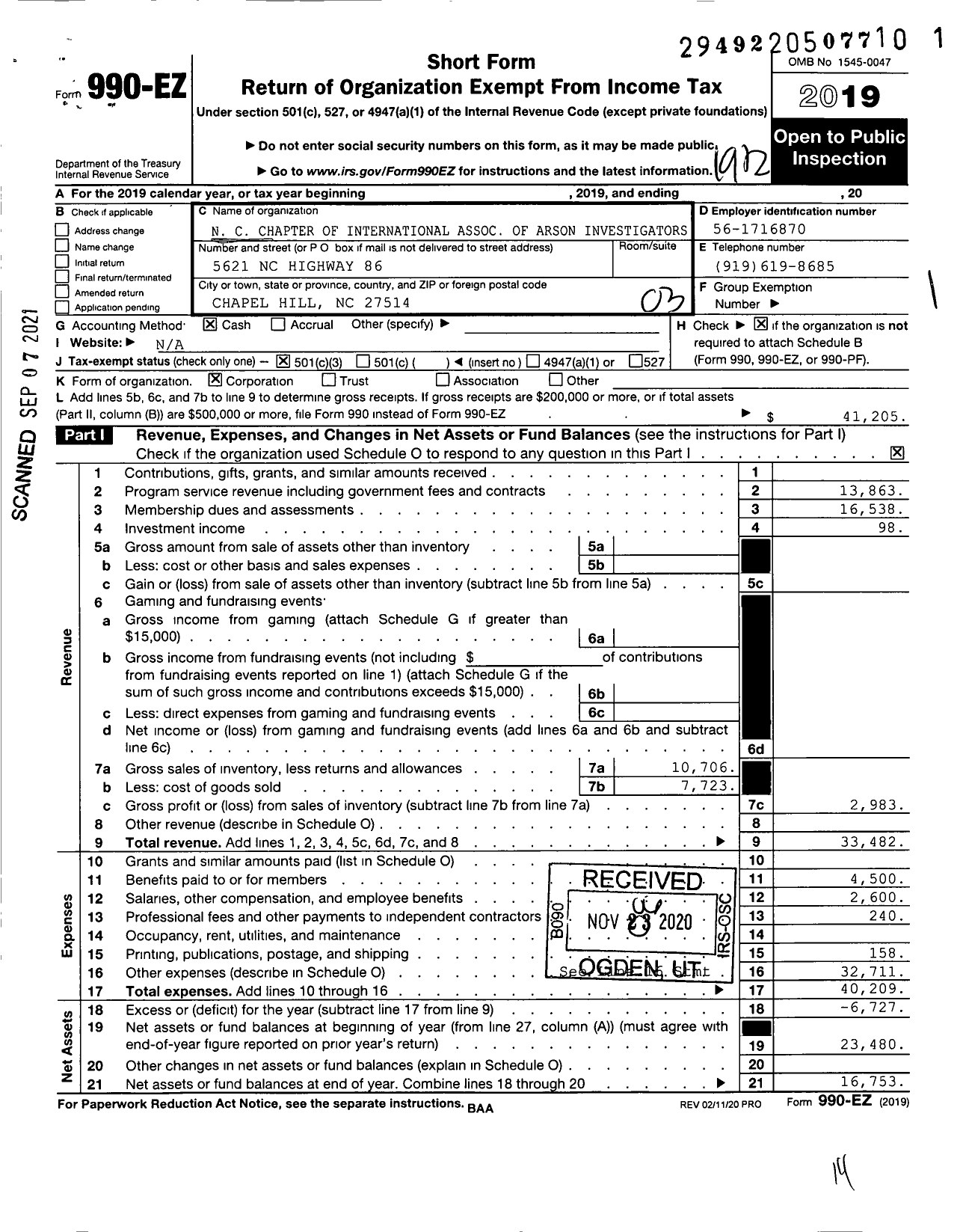 Image of first page of 2019 Form 990EZ for North Carolina Chapter of International Association of Arson Investigators