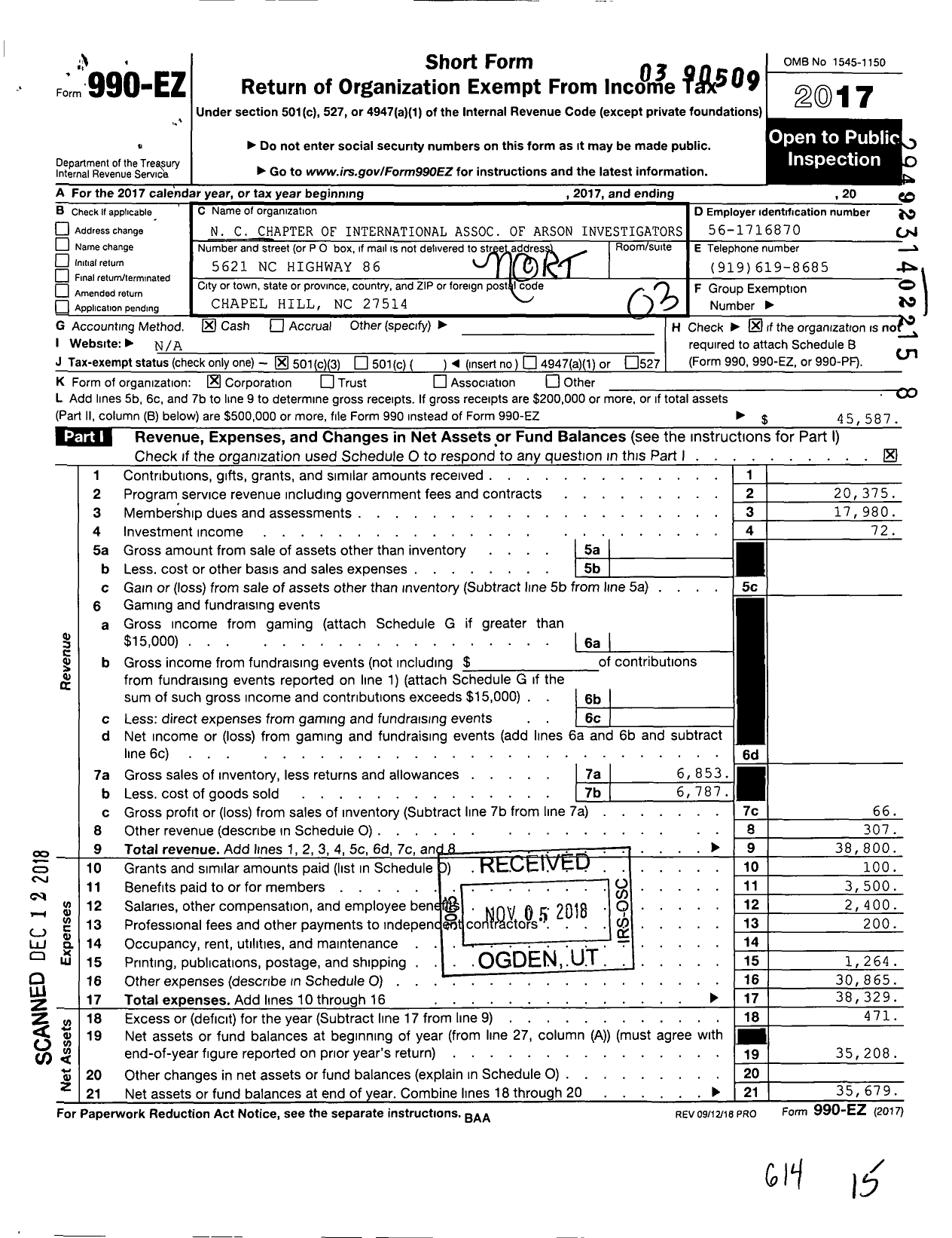 Image of first page of 2017 Form 990EZ for North Carolina Chapter of International Association of Arson Investigators