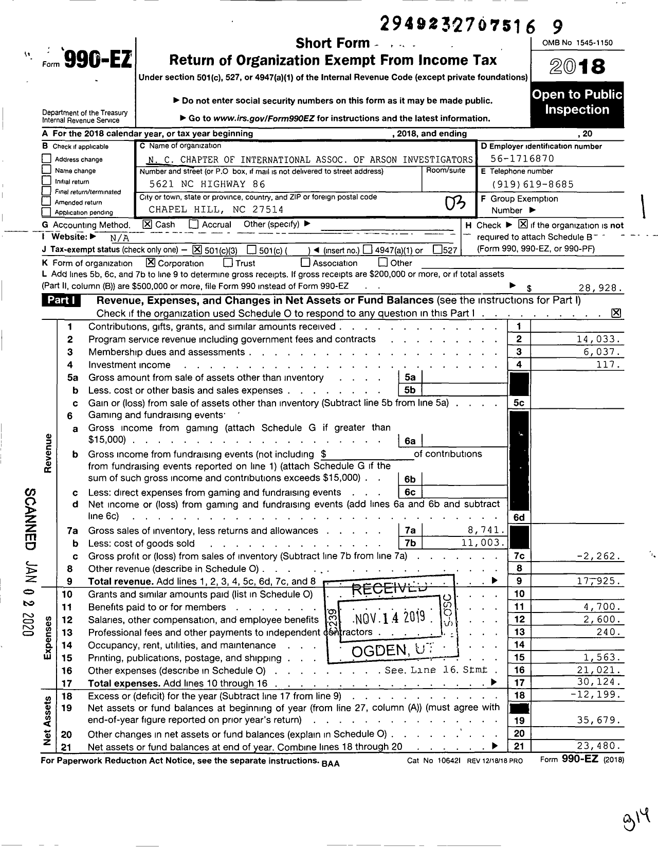 Image of first page of 2018 Form 990EZ for North Carolina Chapter of International Association of Arson Investigators