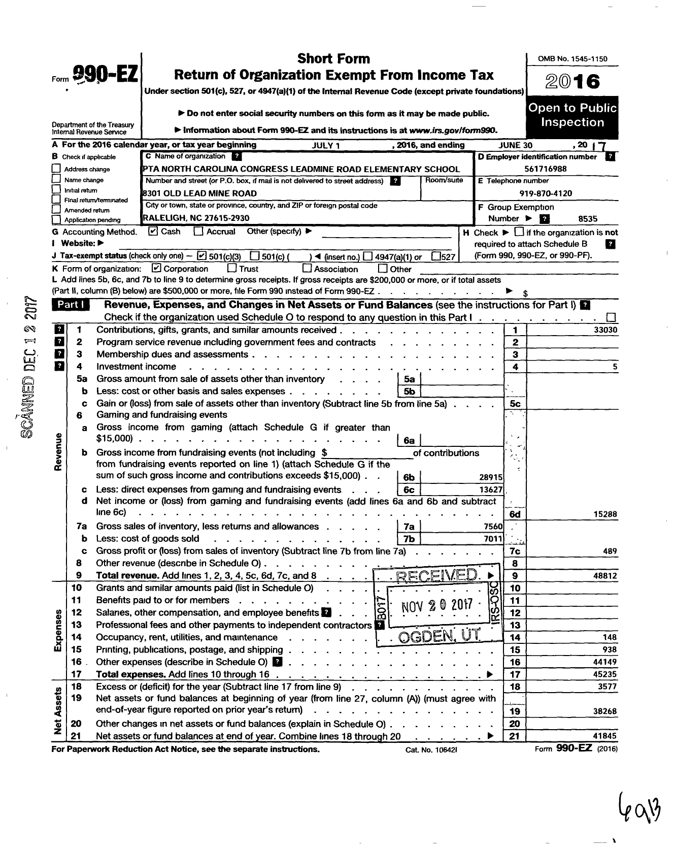 Image of first page of 2016 Form 990EZ for North Carolina PTA - Leadmine Road Elementary School PTA