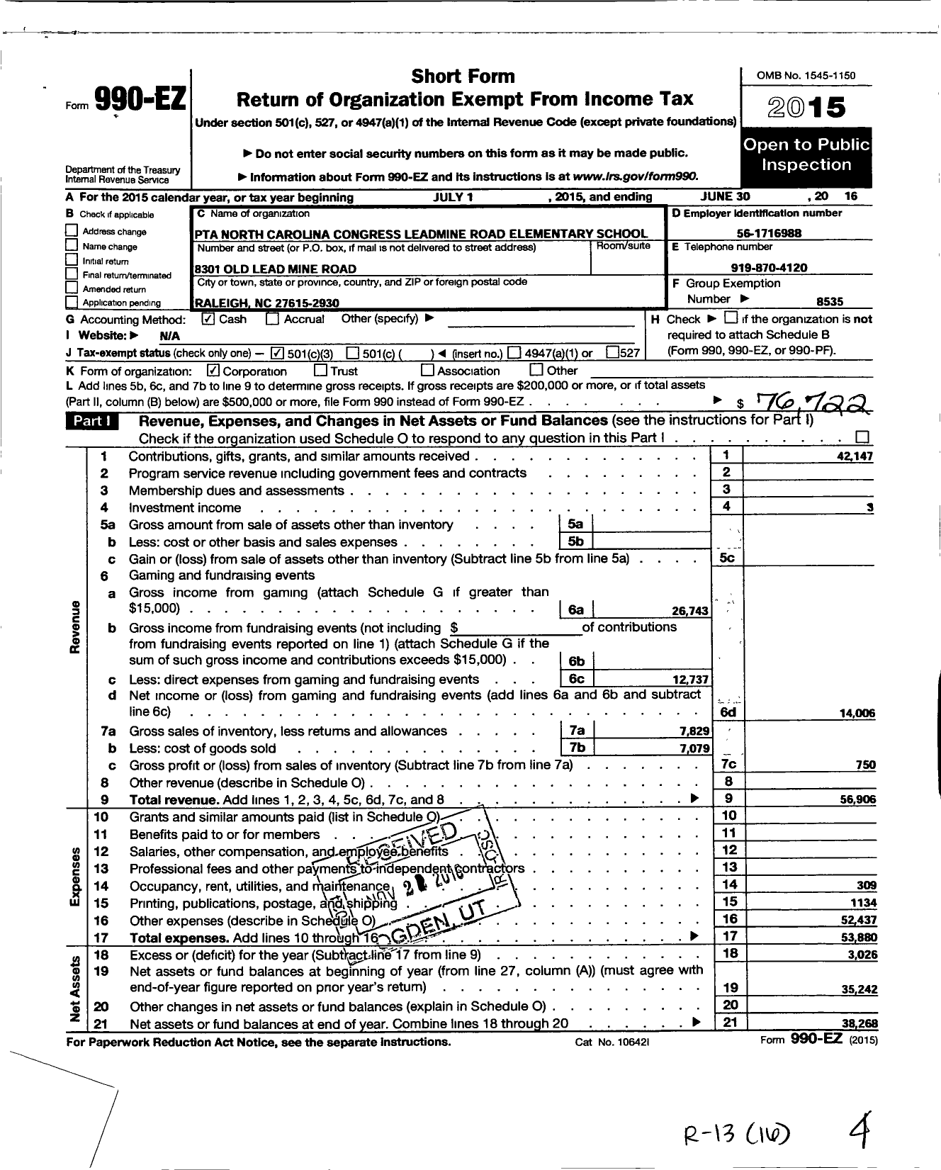 Image of first page of 2015 Form 990EZ for North Carolina PTA - Leadmine Road Elementary School PTA