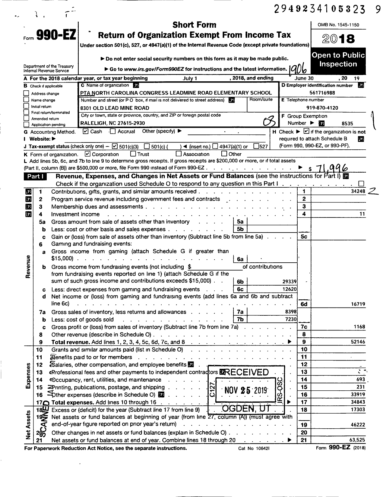 Image of first page of 2018 Form 990EZ for North Carolina PTA - Leadmine Road Elementary School PTA