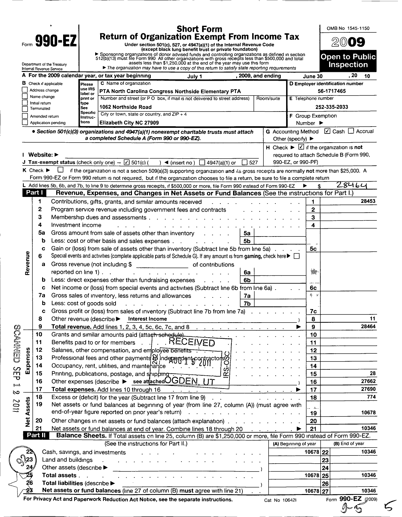 Image of first page of 2009 Form 990EO for North Carolina PTA - Northside Elementary School PTA