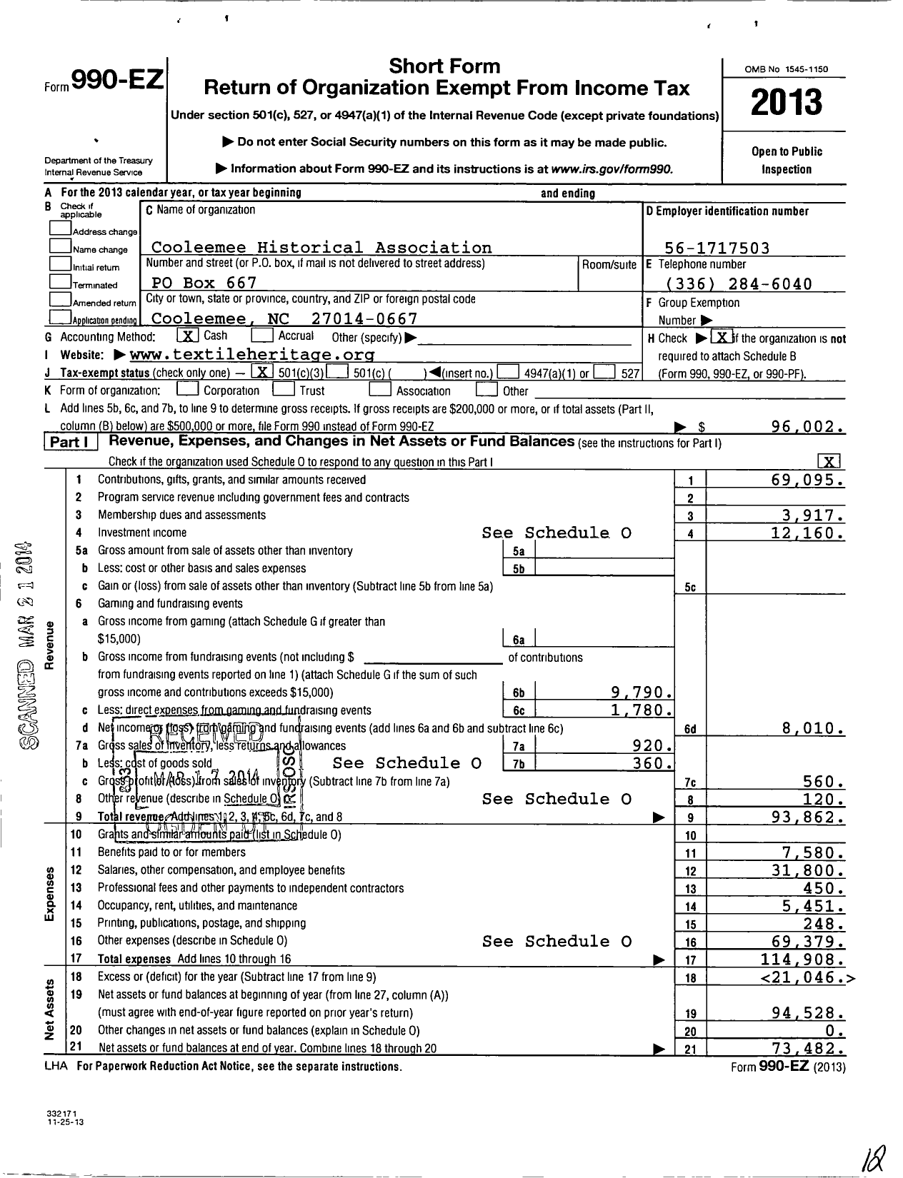 Image of first page of 2013 Form 990EZ for Cooleemee Historical Association