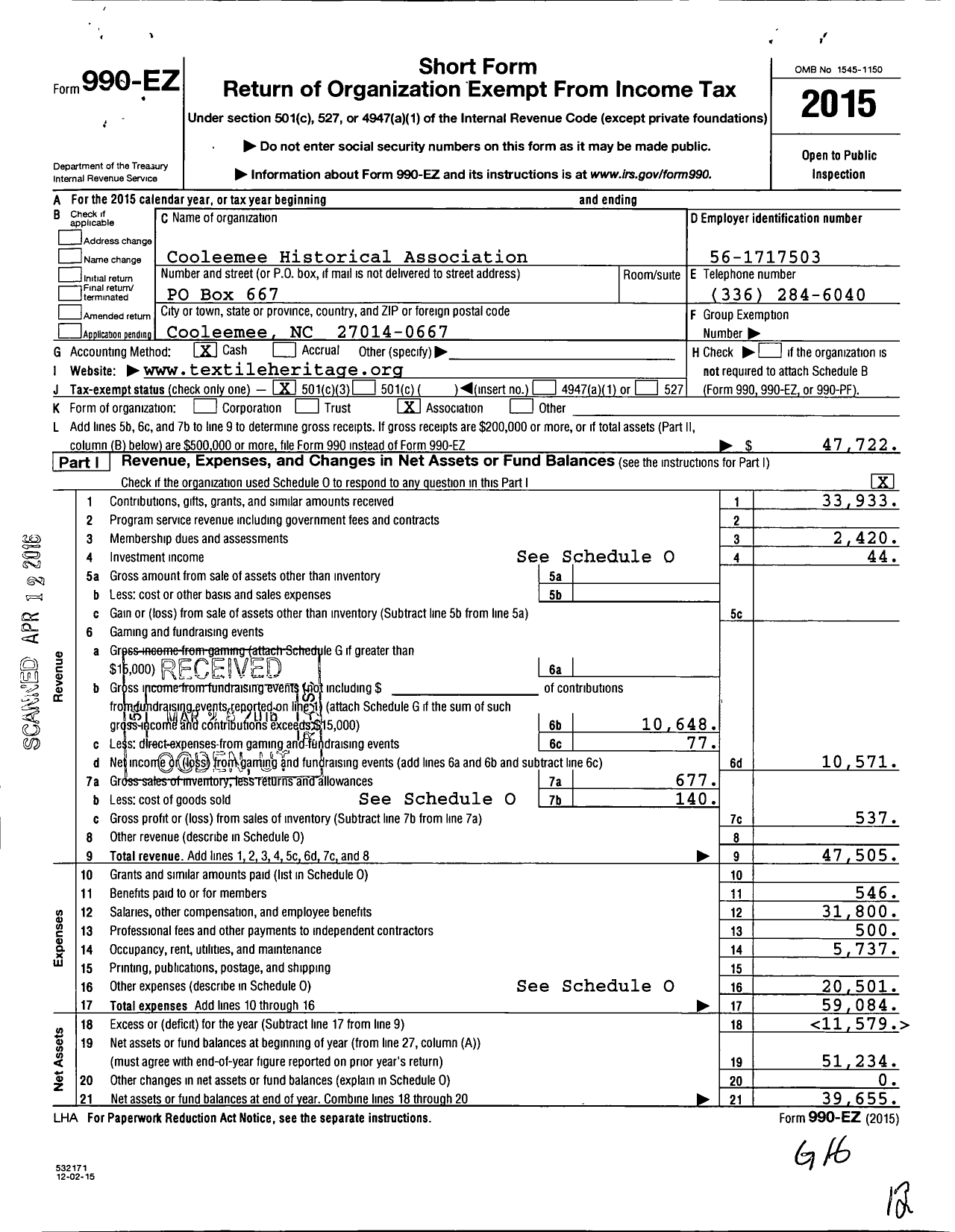 Image of first page of 2015 Form 990EZ for Cooleemee Historical Association