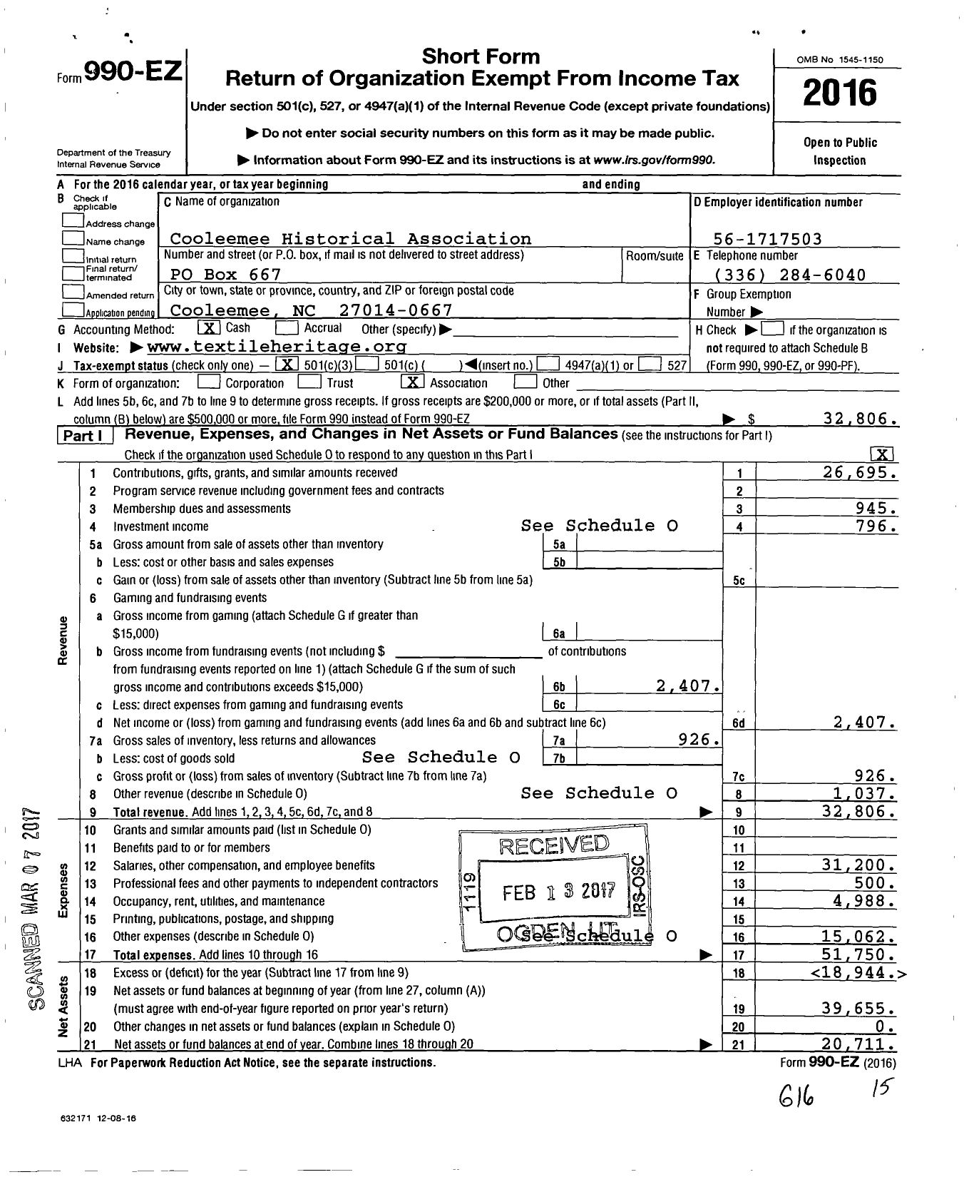 Image of first page of 2016 Form 990EZ for Cooleemee Historical Association