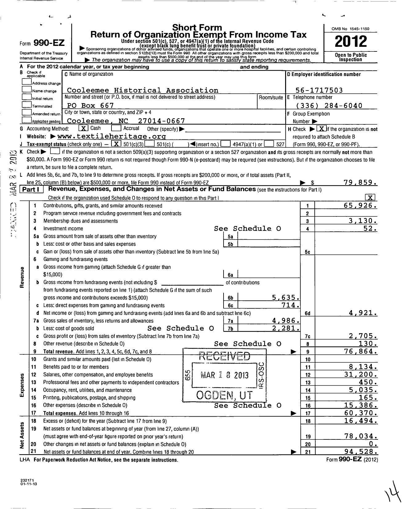 Image of first page of 2012 Form 990EZ for Cooleemee Historical Association