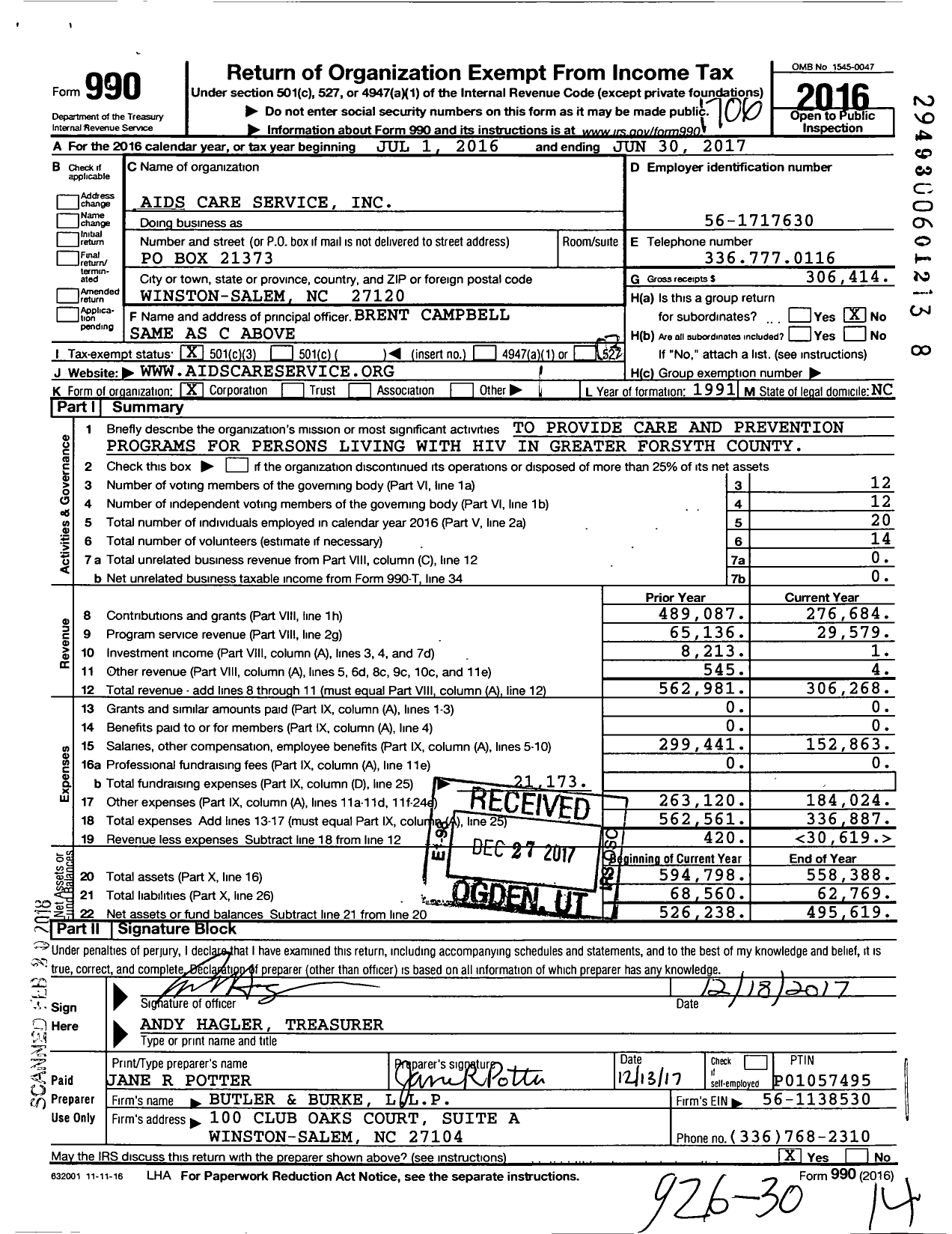 Image of first page of 2016 Form 990 for Aids Care Service