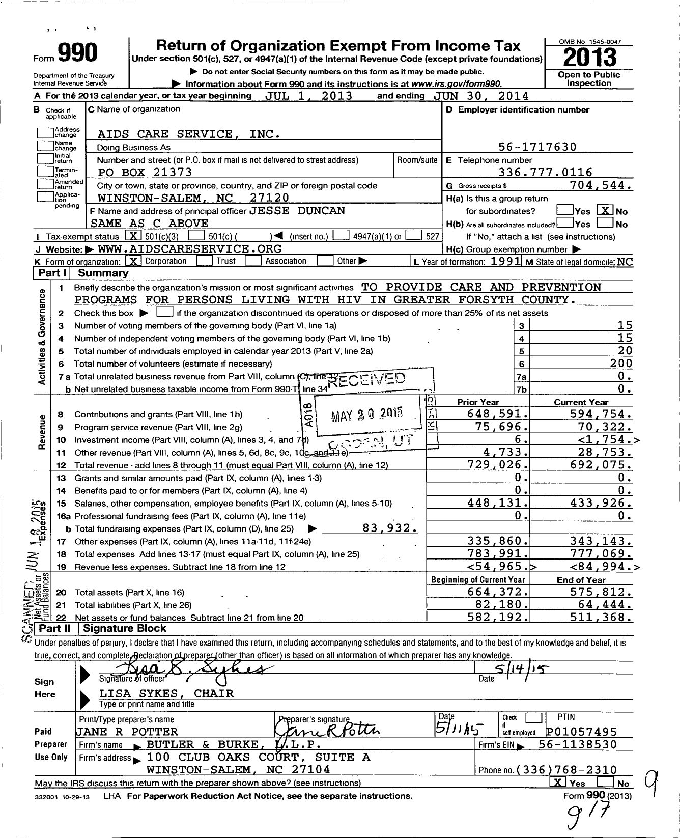 Image of first page of 2013 Form 990 for Aids Care Service