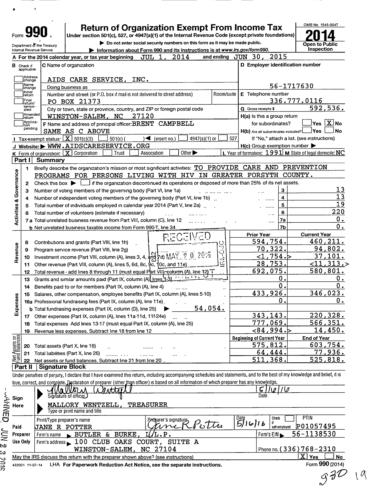 Image of first page of 2014 Form 990 for Aids Care Service