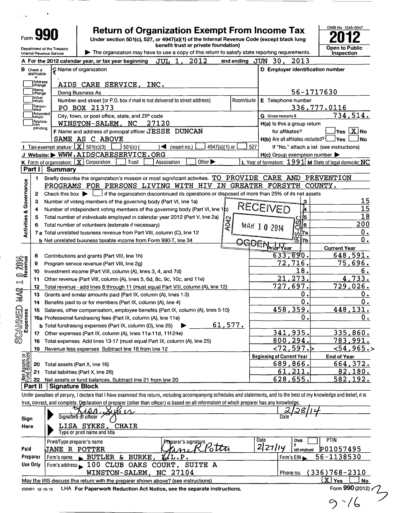 Image of first page of 2012 Form 990 for Aids Care Service