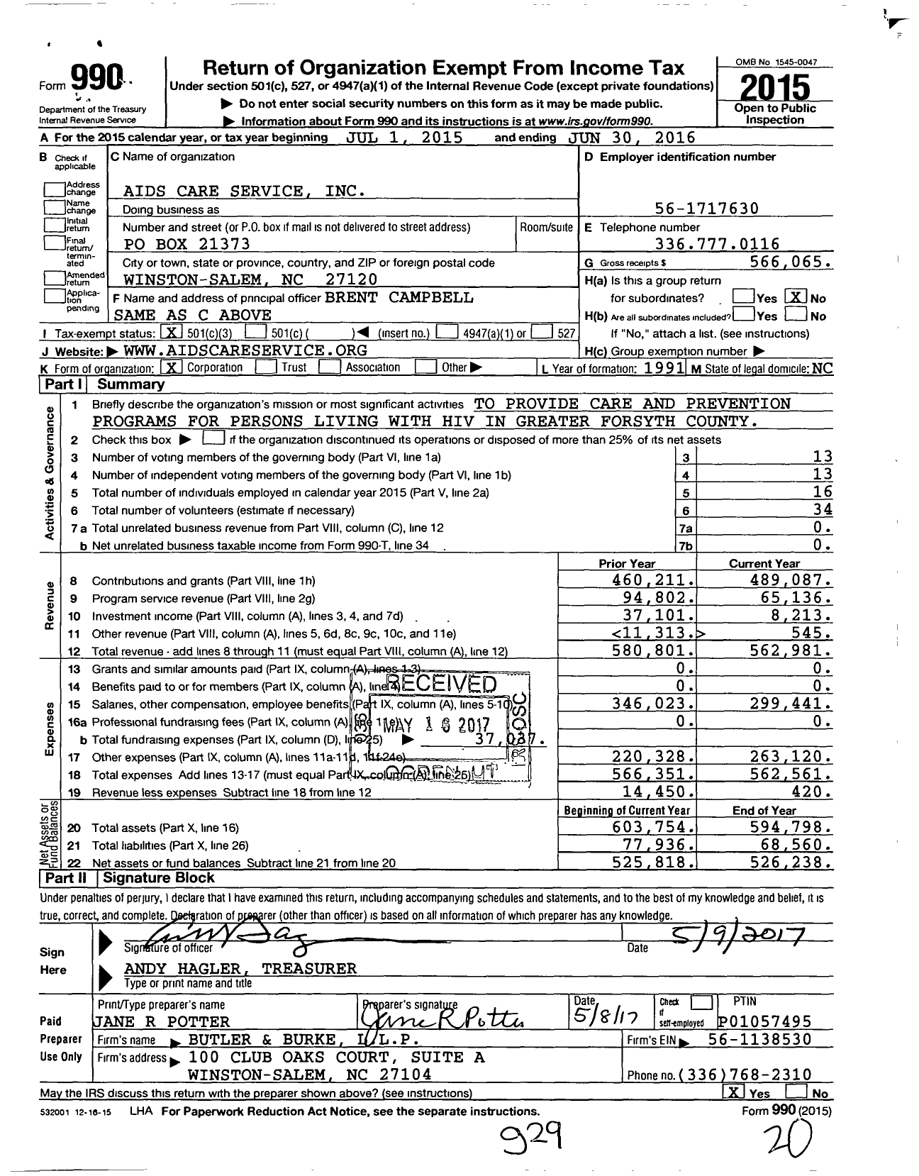 Image of first page of 2015 Form 990 for Aids Care Service