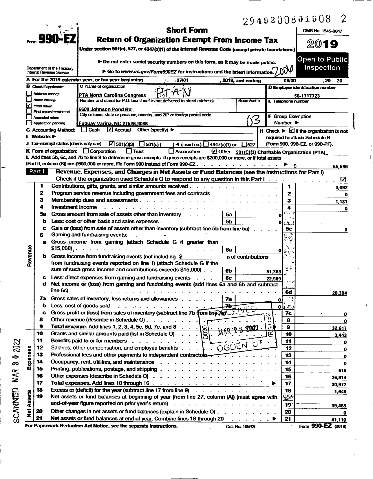 Image of first page of 2019 Form 990EZ for North Carolina PTA - Fuquay-Varina Elementary School PTA