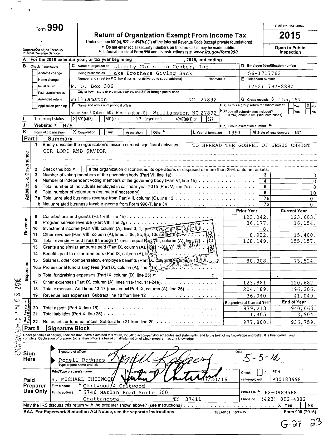 Image of first page of 2015 Form 990 for Liberty Christian Center / Brothers Giving Back