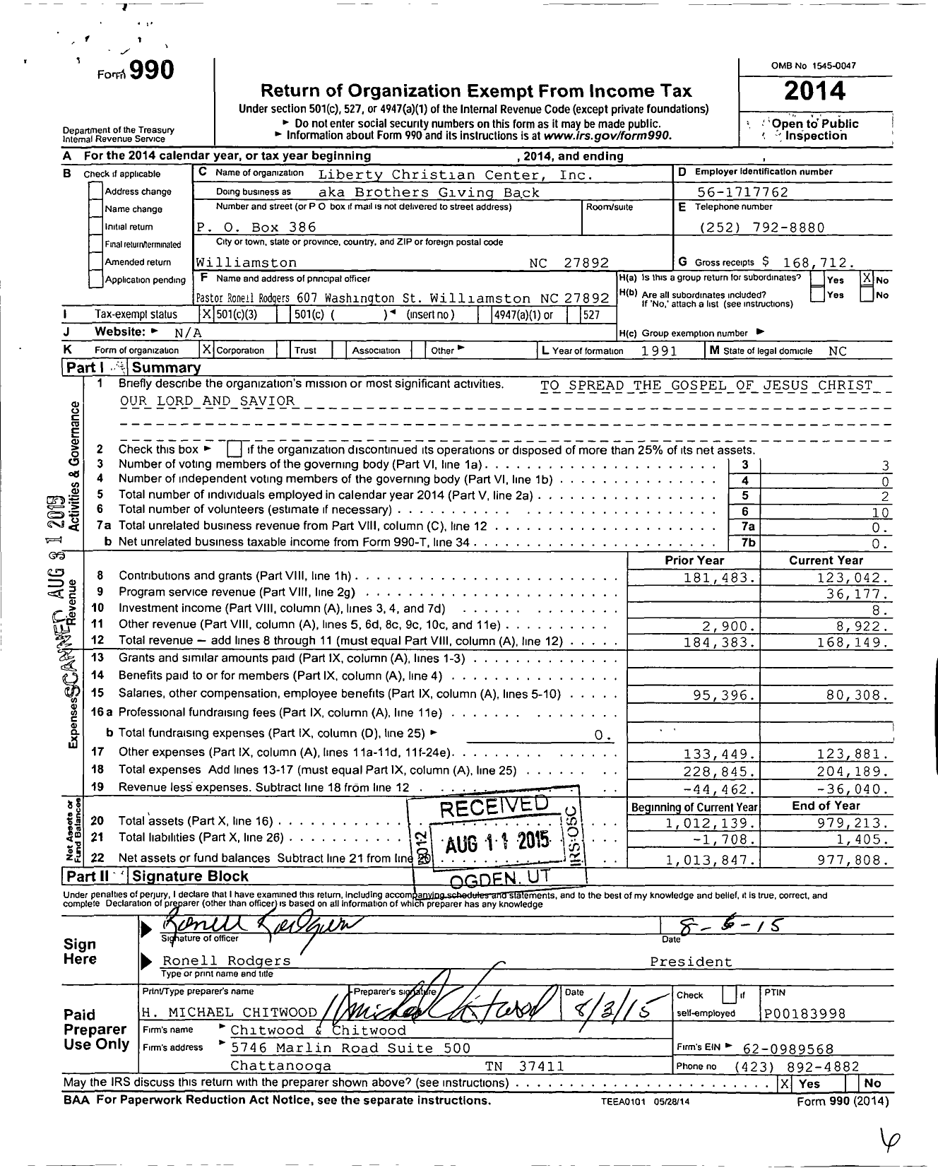 Image of first page of 2014 Form 990 for Liberty Christian Center / Brothers Giving Back