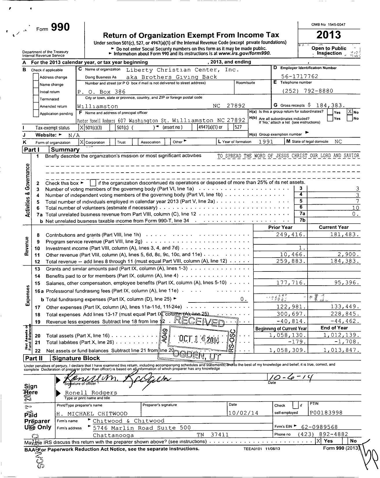 Image of first page of 2013 Form 990 for Liberty Christian Center / Brothers Giving Back