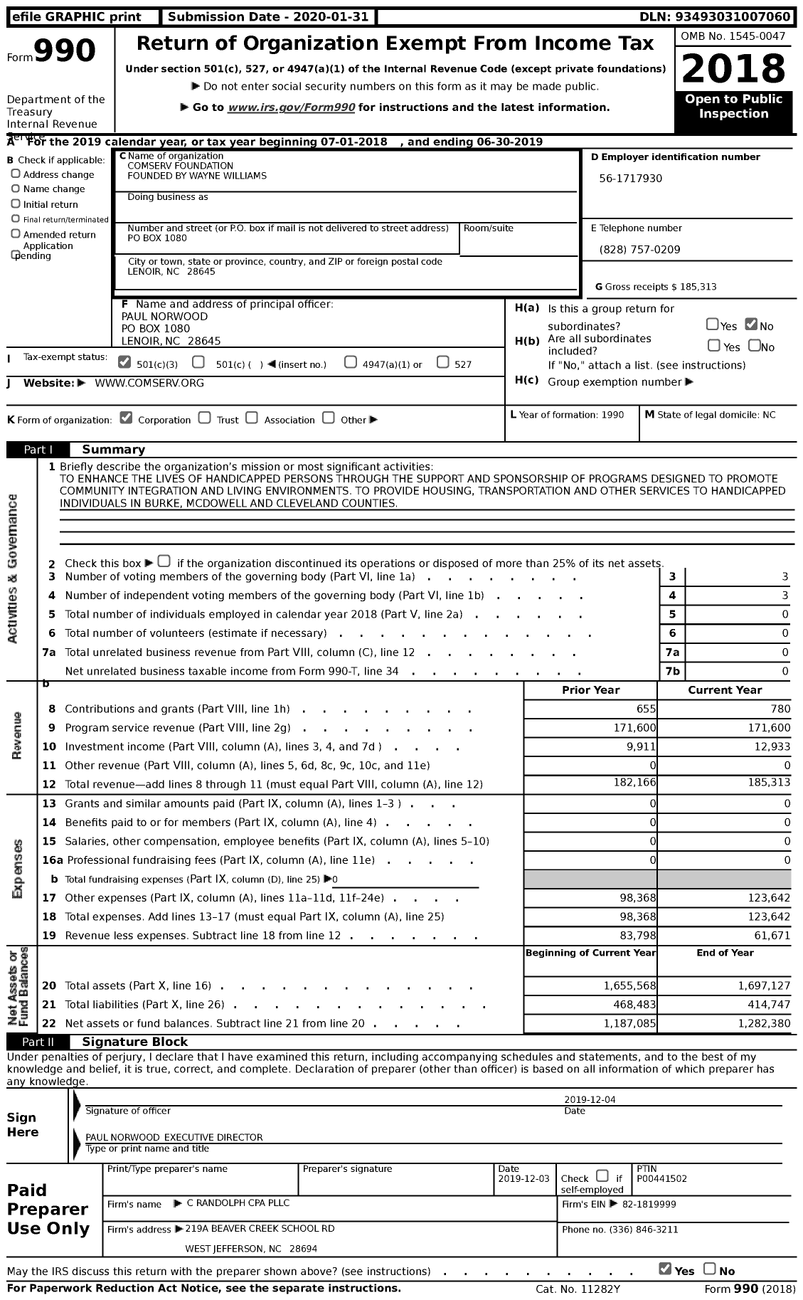 Image of first page of 2018 Form 990 for Comserv Foundation Founded By Wayne Williams