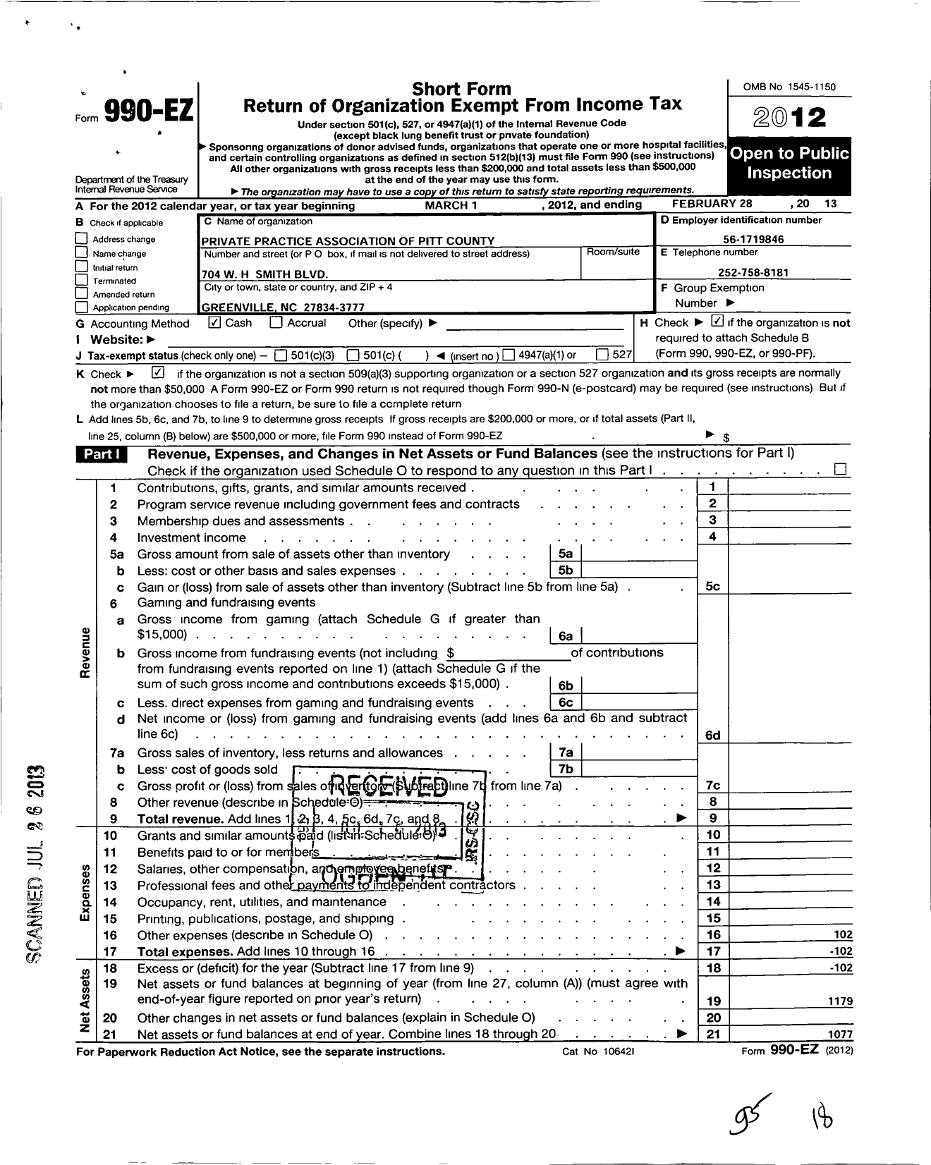 Image of first page of 2012 Form 990EO for Private Practice Association of Pitt County