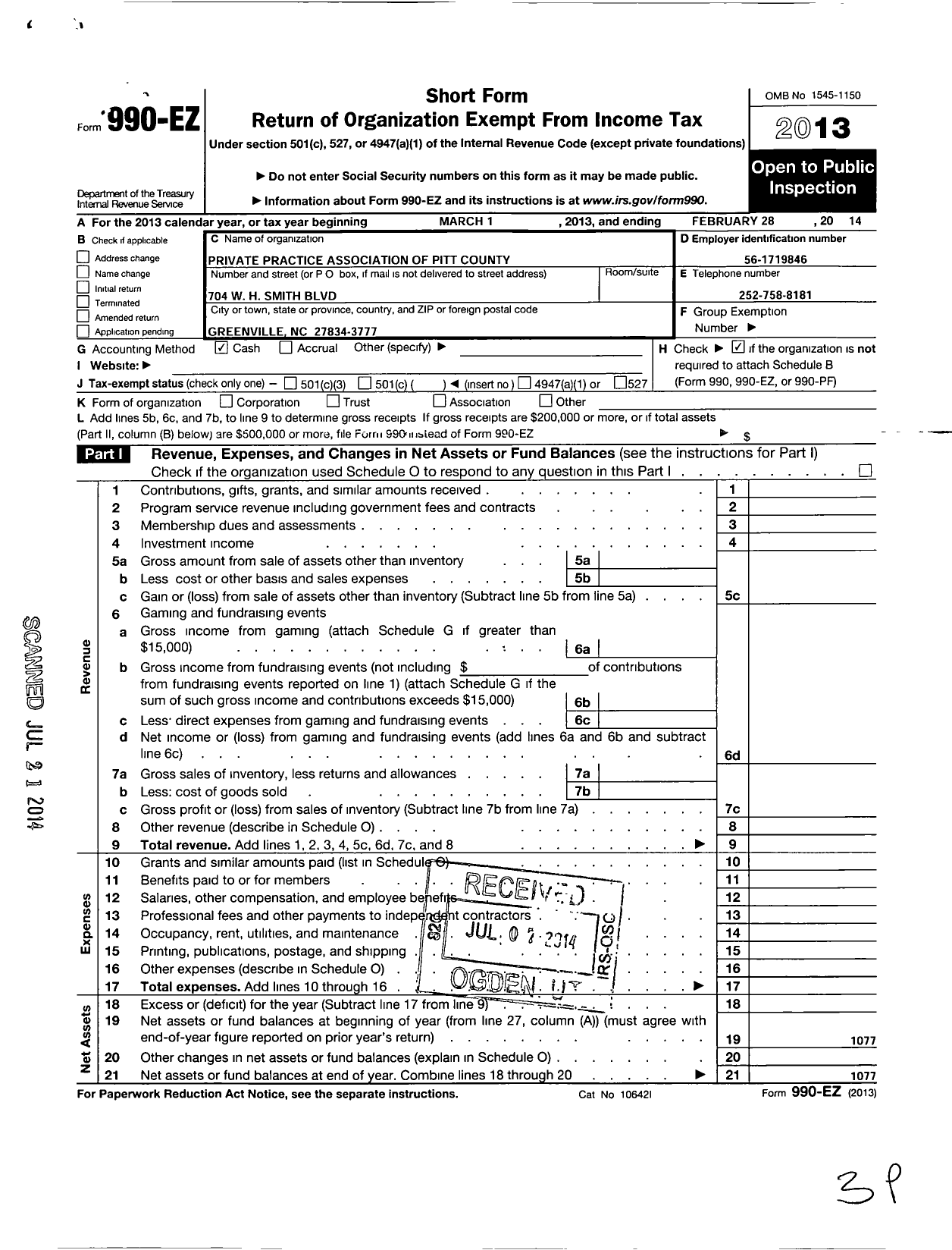 Image of first page of 2013 Form 990EO for Private Practice Association of Pitt County