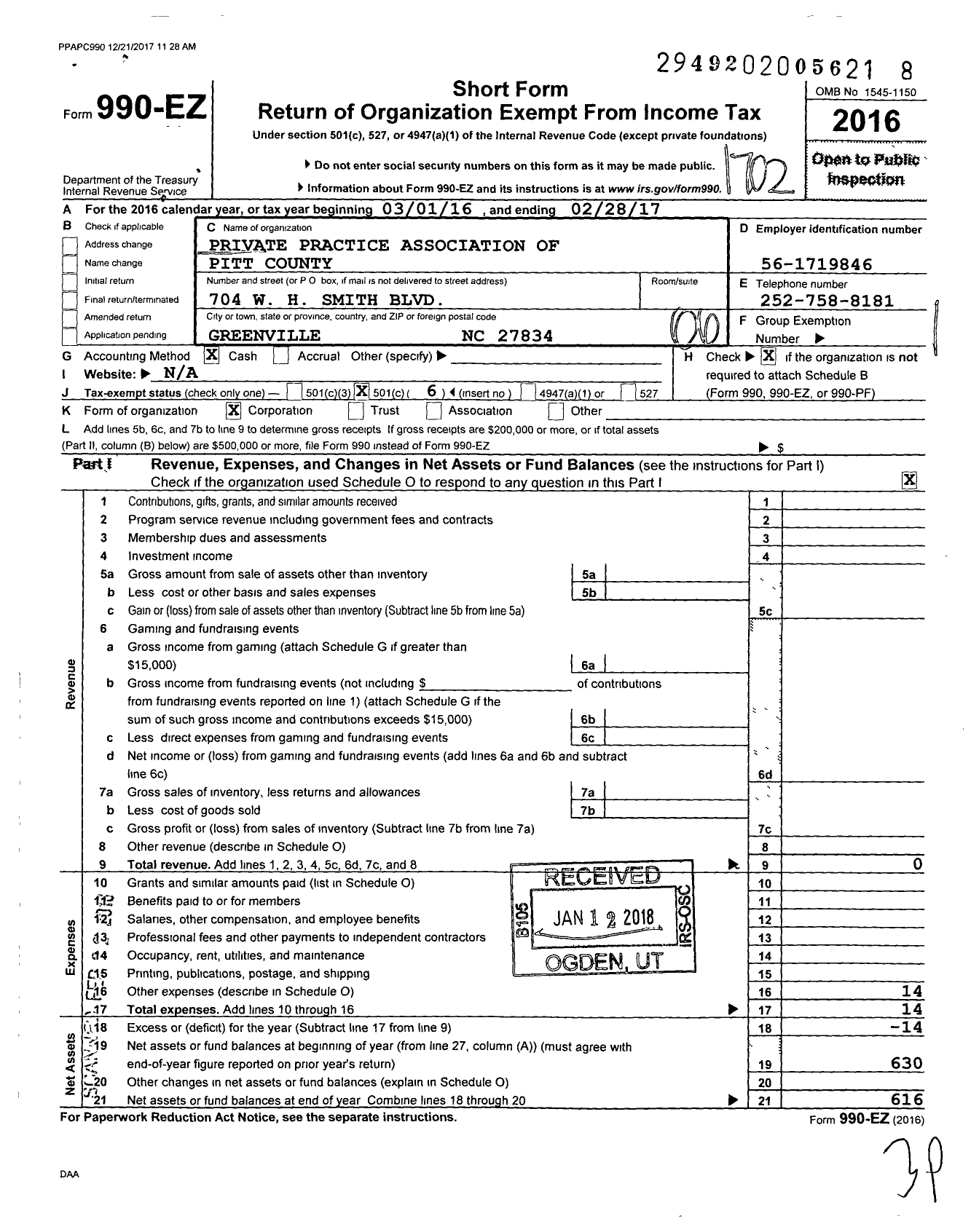 Image of first page of 2016 Form 990EO for Private Practice Association of Pitt County