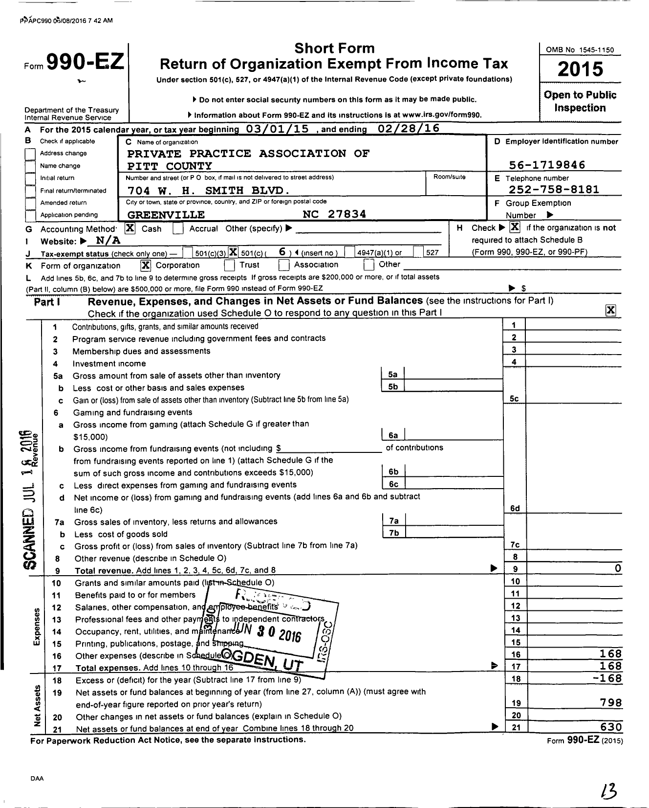 Image of first page of 2015 Form 990EO for Private Practice Association of Pitt County