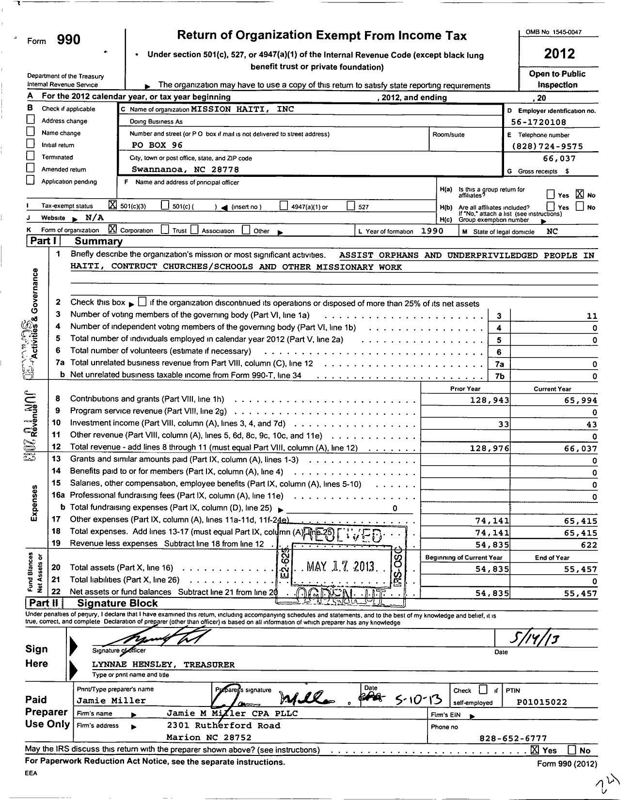 Image of first page of 2012 Form 990 for Mission Haiti