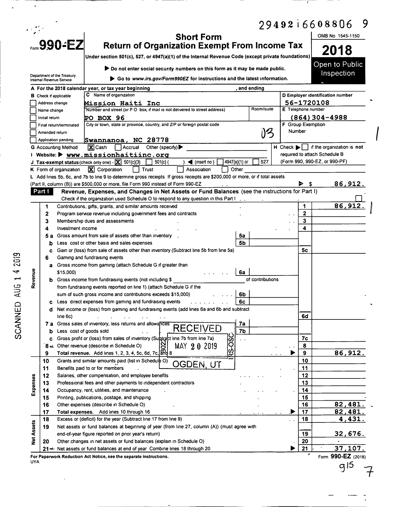 Image of first page of 2018 Form 990EZ for Mission Haiti