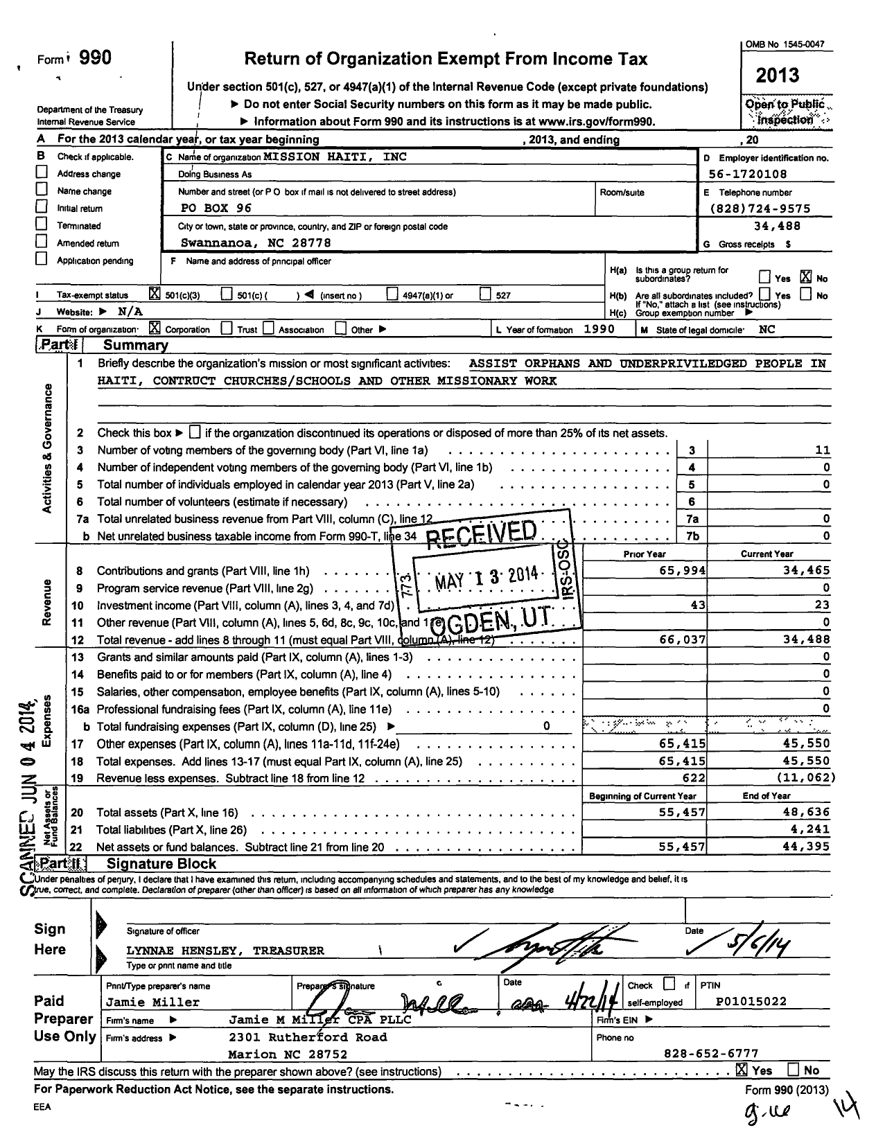 Image of first page of 2013 Form 990 for Mission Haiti