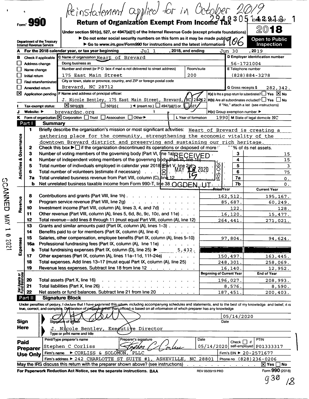 Image of first page of 2018 Form 990 for Heart of Brevard