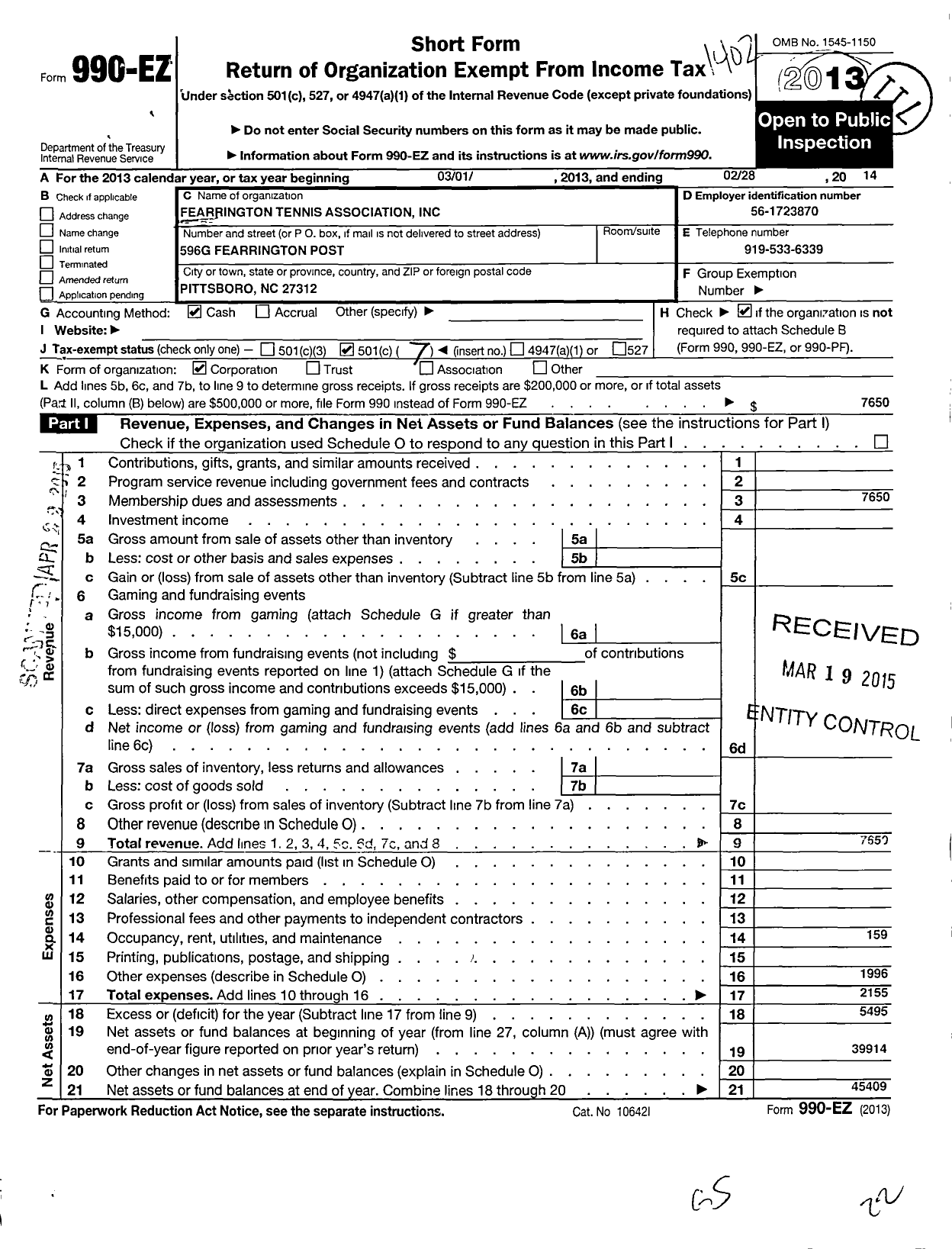 Image of first page of 2013 Form 990EO for Fearrington Tennis Association