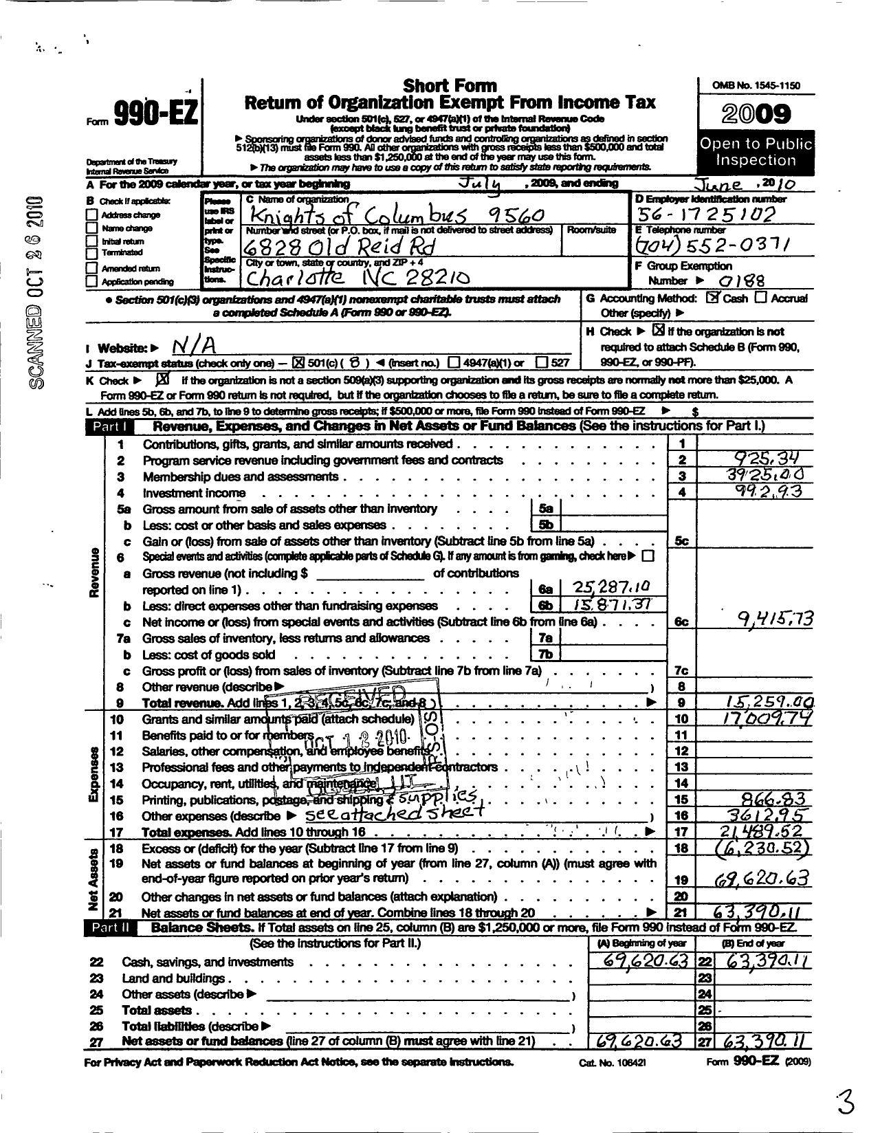 Image of first page of 2009 Form 990EO for Knights of Columbus - 9560 St Vincent de Paul Council