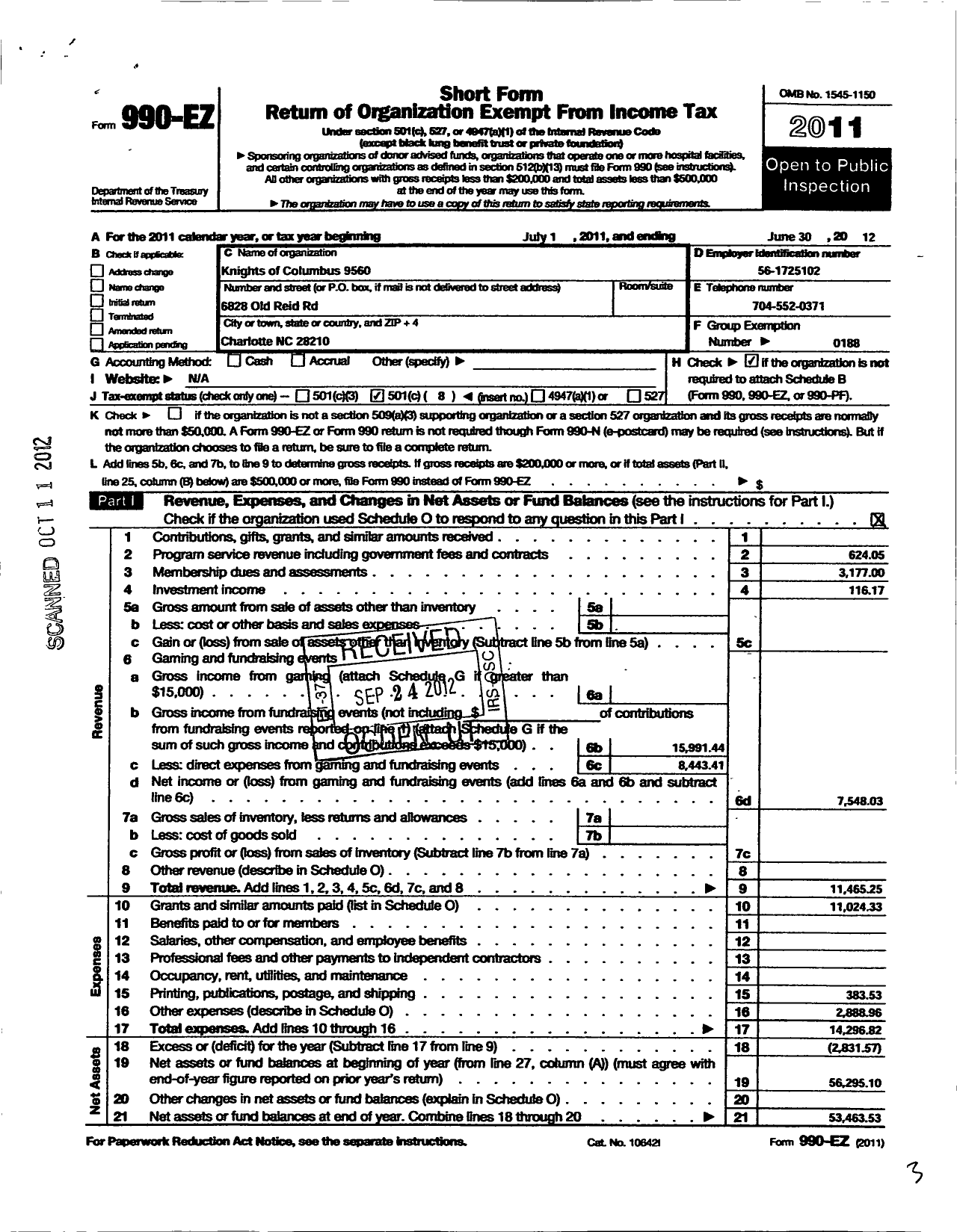 Image of first page of 2011 Form 990EO for Knights of Columbus - 9560 St Vincent de Paul Council