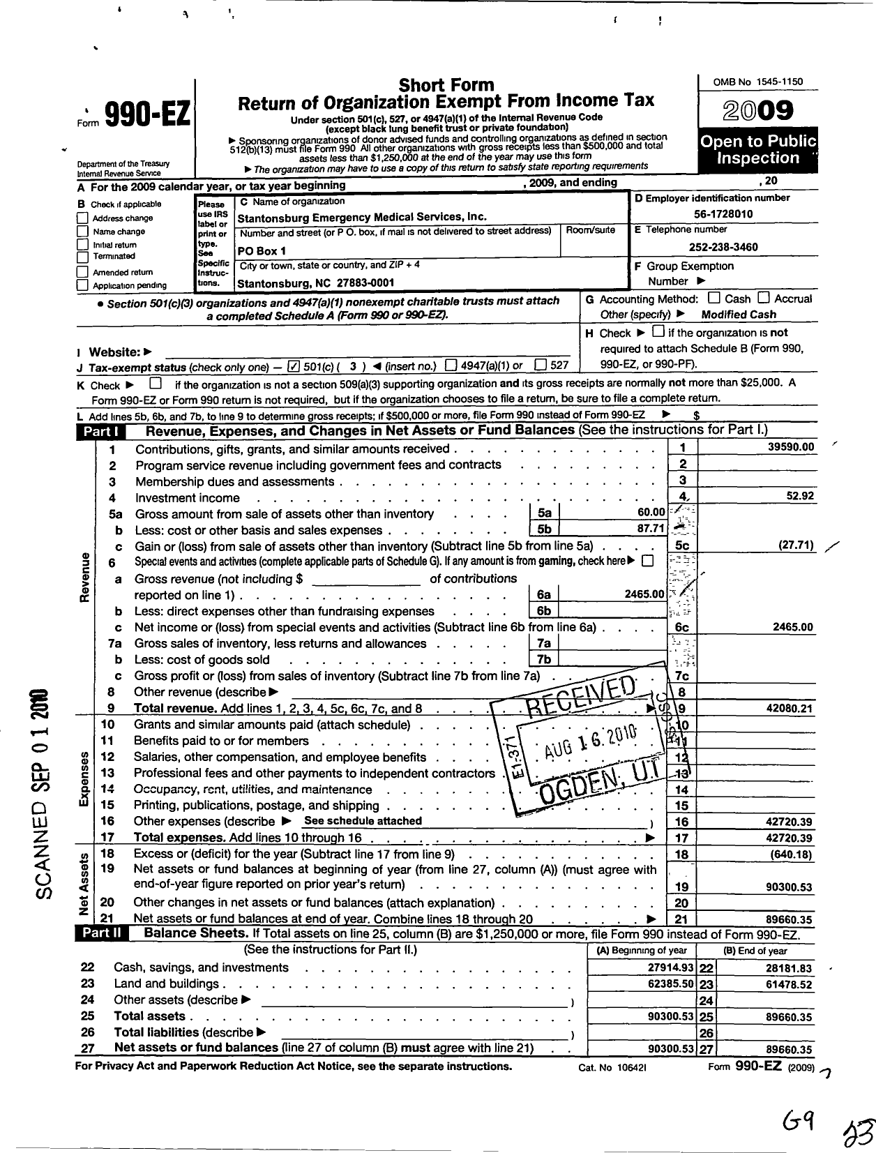 Image of first page of 2009 Form 990EZ for Stantonsburg Emergency Medical Services