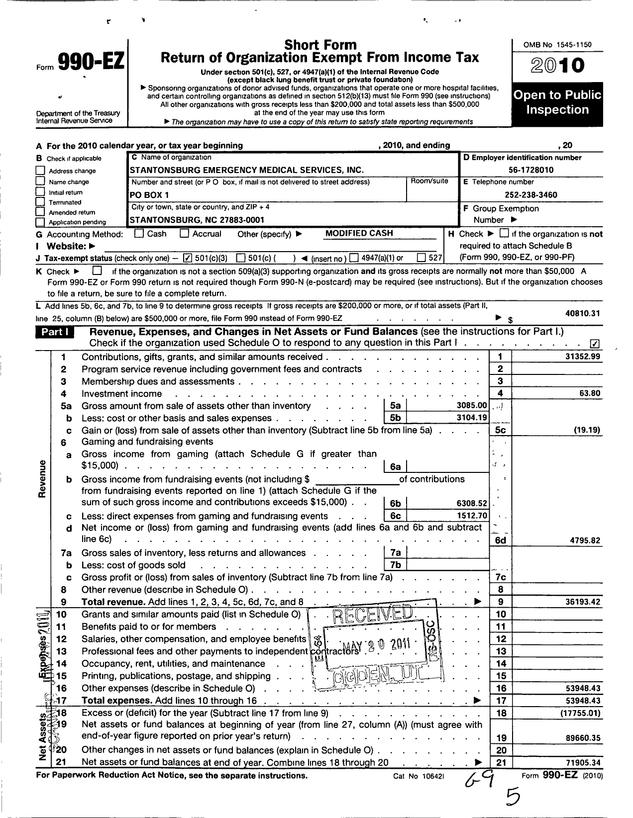 Image of first page of 2010 Form 990EZ for Stantonsburg Emergency Medical Services