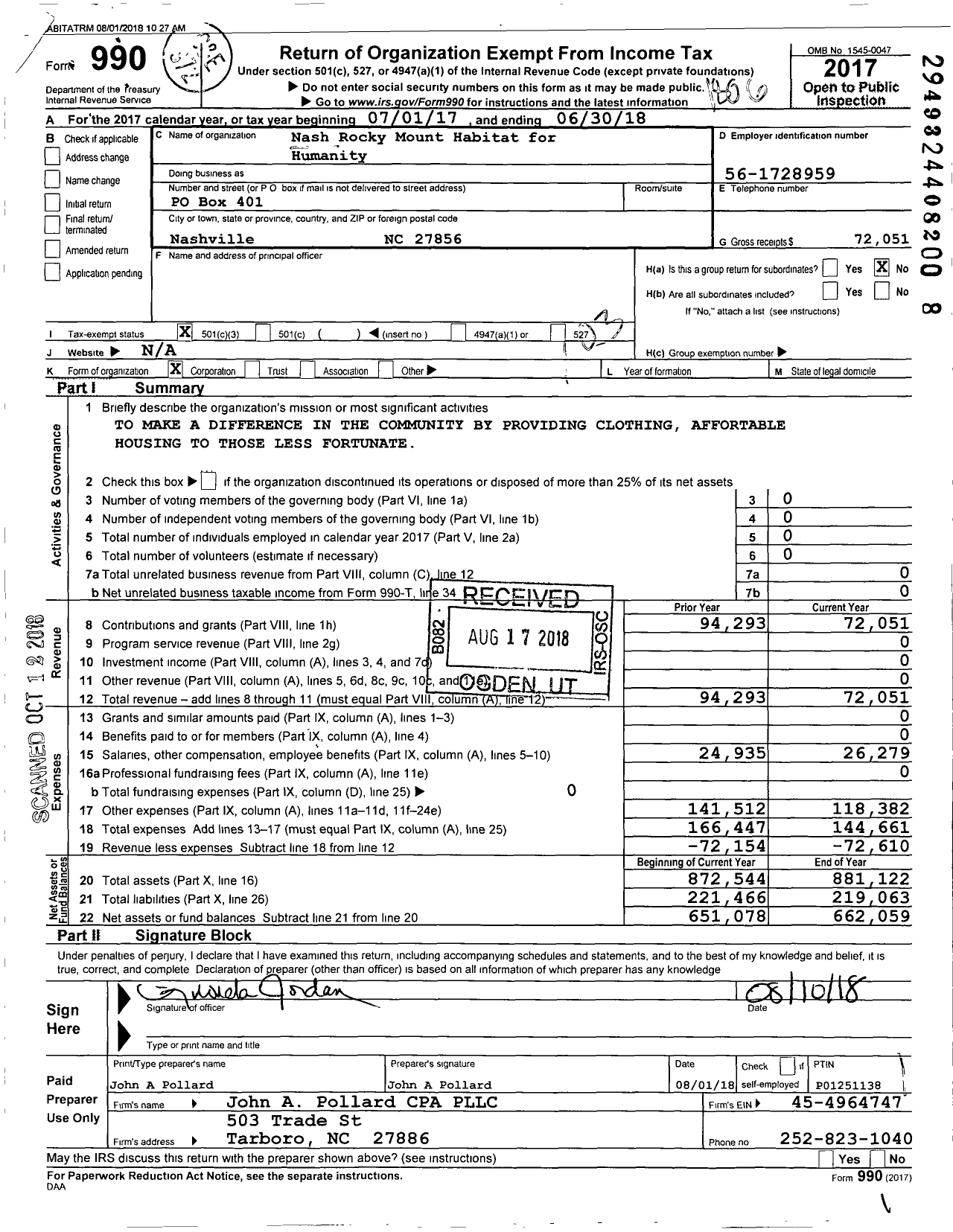 Image of first page of 2017 Form 990 for Nash Rocky Mount Habitat for Humanity