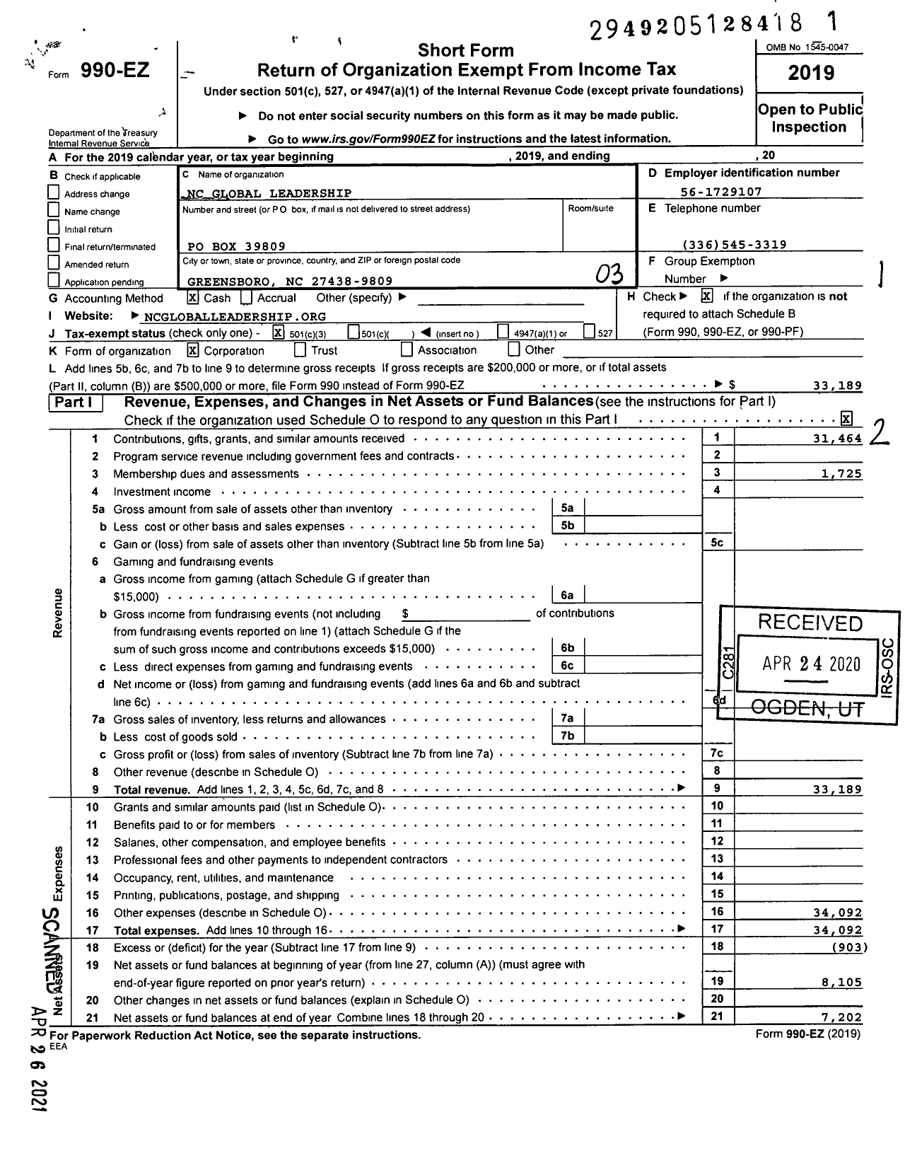 Image of first page of 2019 Form 990EZ for NC Global Leadership