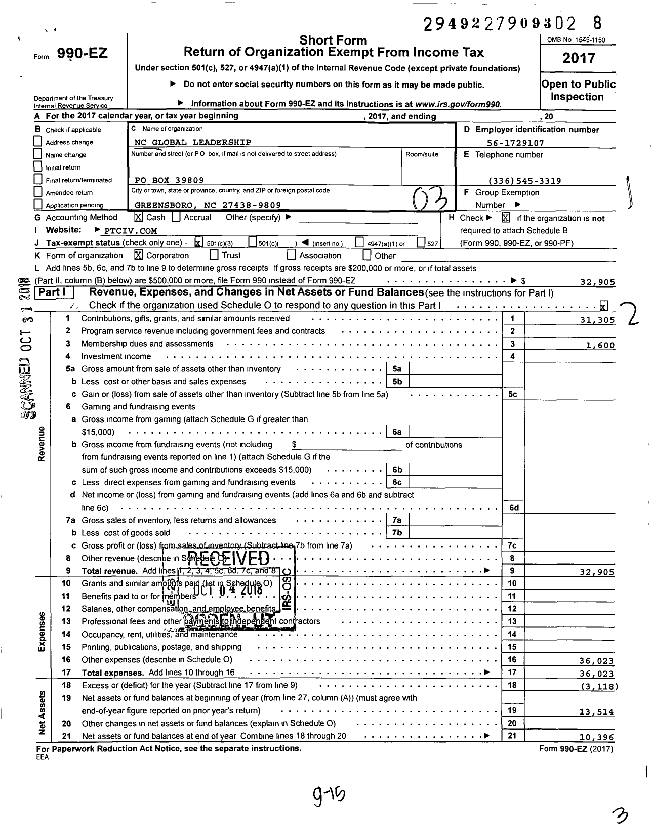 Image of first page of 2017 Form 990EZ for NC Global Leadership