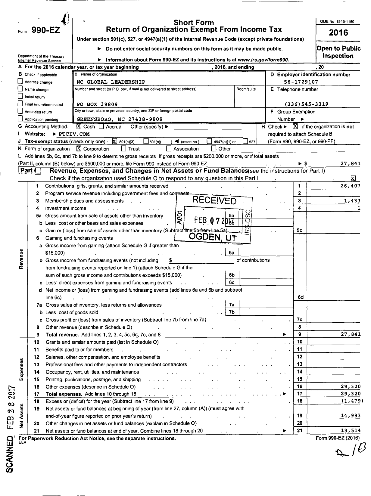 Image of first page of 2016 Form 990EZ for NC Global Leadership